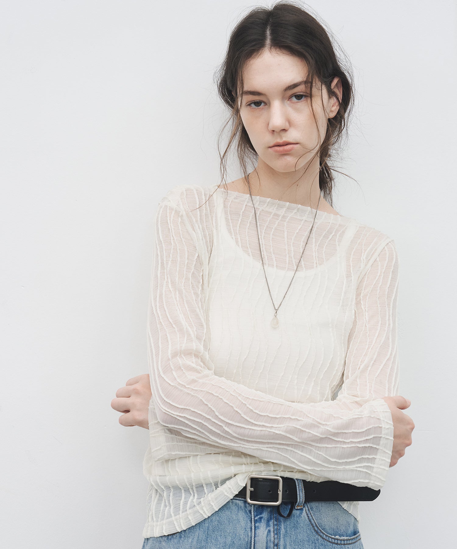 Jacquard Mesh Boat Neck Top – Sheer Long Sleeve Tee