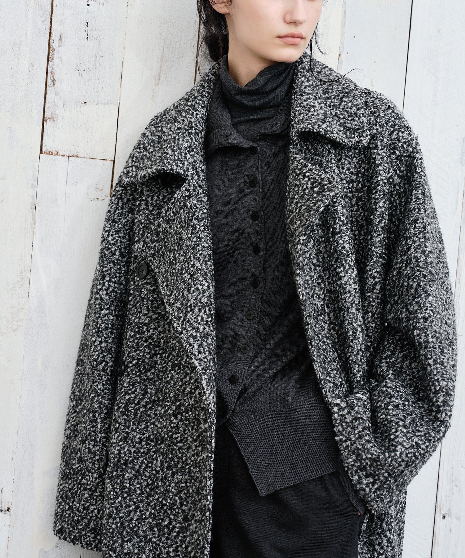 Mixed-Color Bouclé Wool Lapel Long Coat