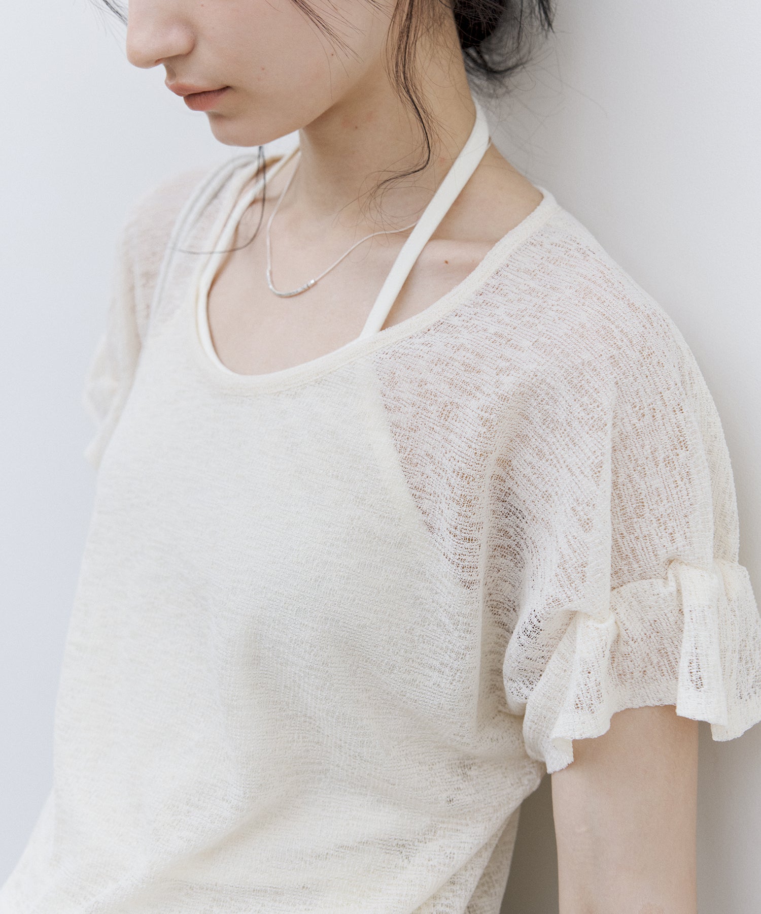 U-Neck Sheer T-Shirt with Design Cuff Detail