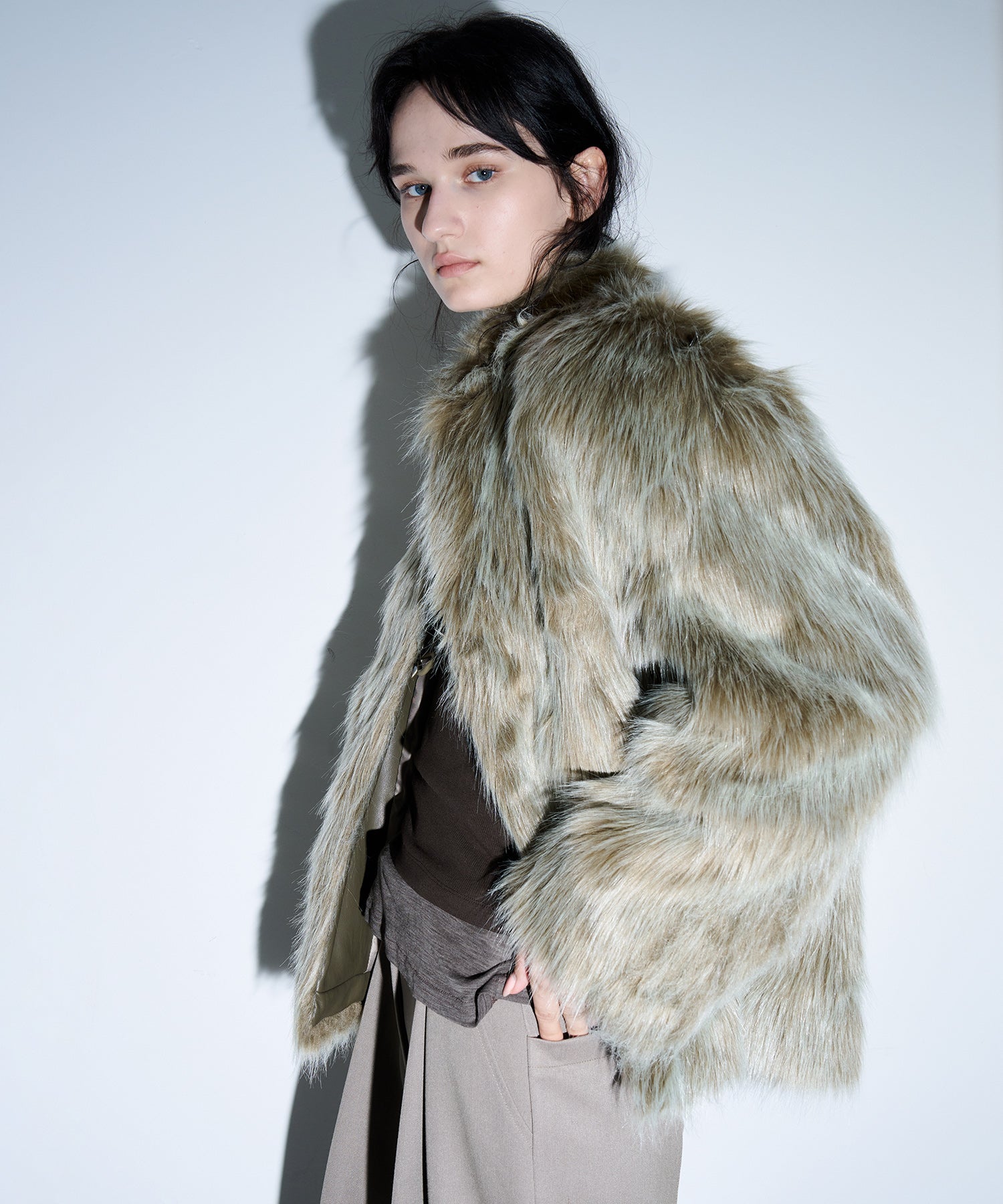 Long Faux-Fur Lapel Coat