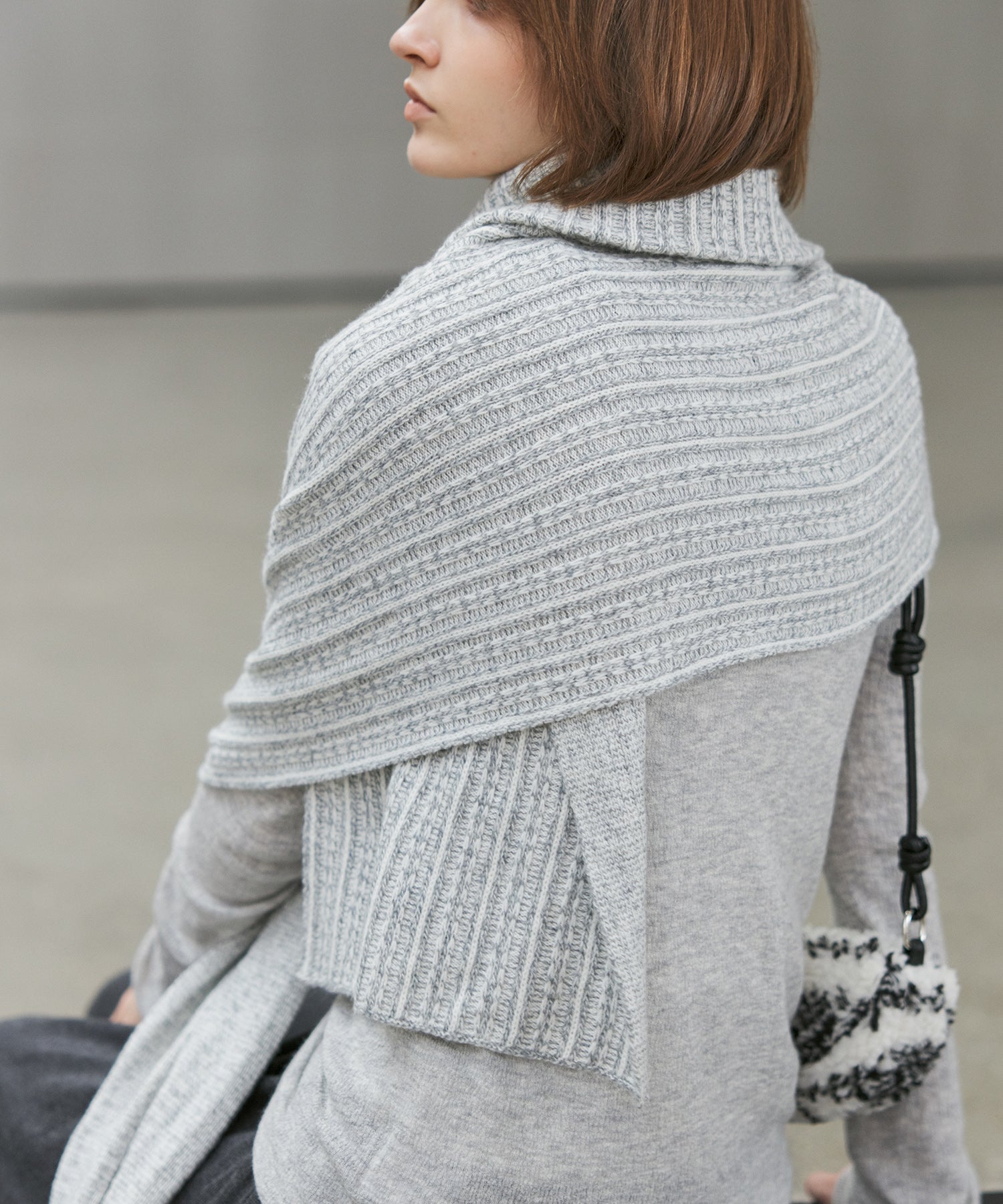 Asymmetric High-Neck Textured Knit Poncho Scarf