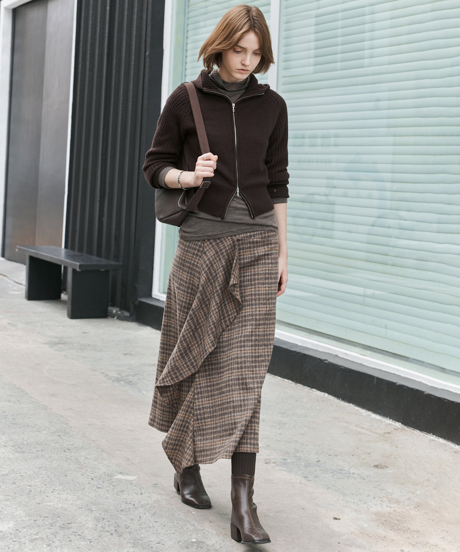 Wool Blend Irregular Flake Detail Yarn-Dyed Vintage Check Brushed A-Line Midi Skirt