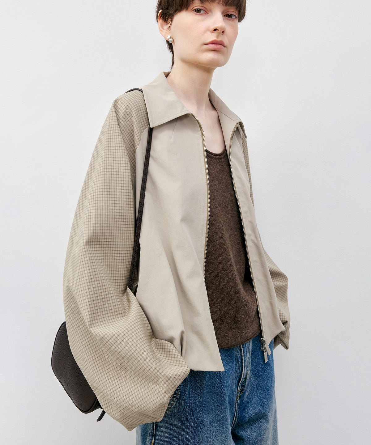Check Panel Balloon Sleeve Short Blouson