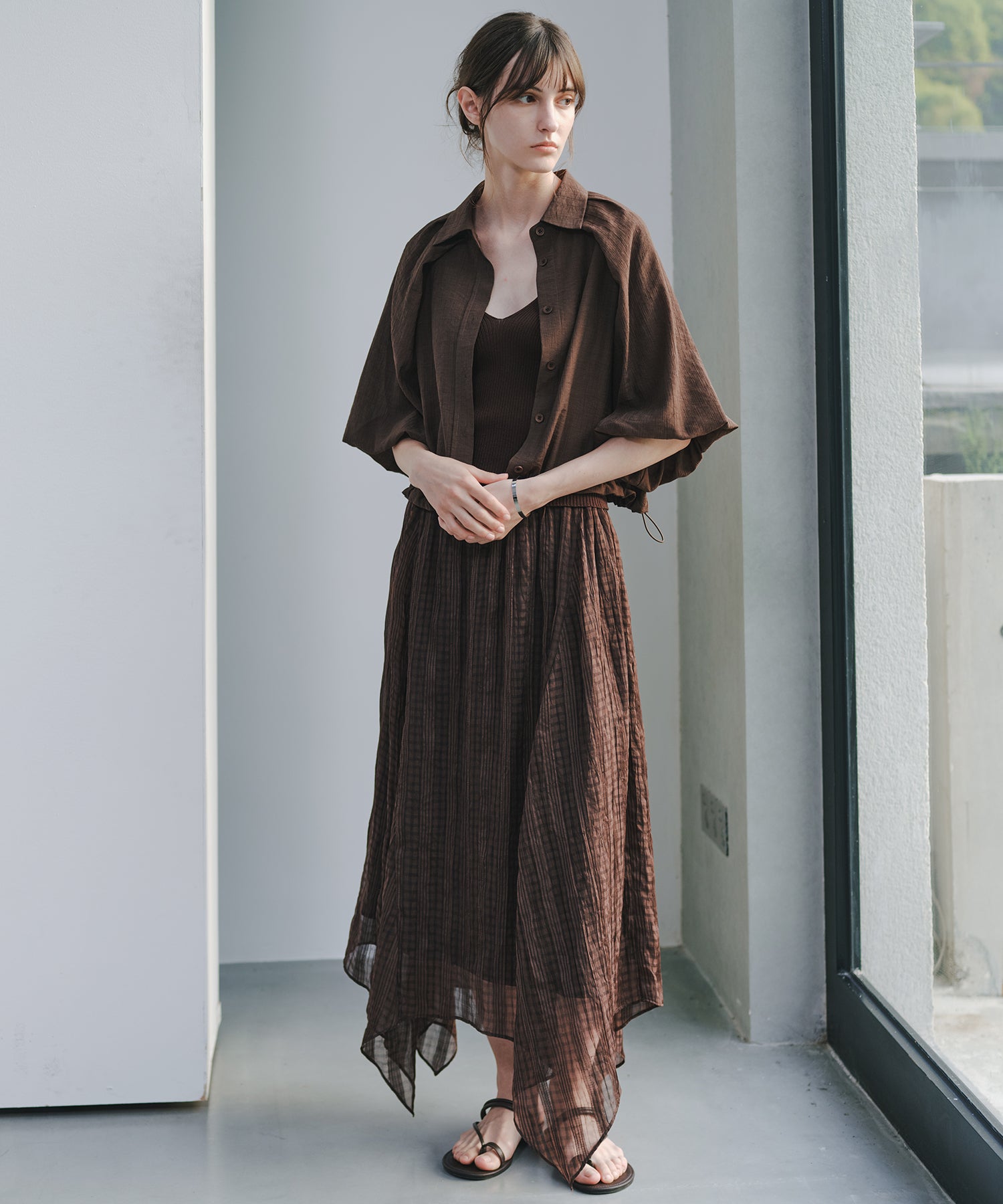 「7月上旬～中旬出荷」Sheer Stripe Balloon Sleeve Cropped Shirt