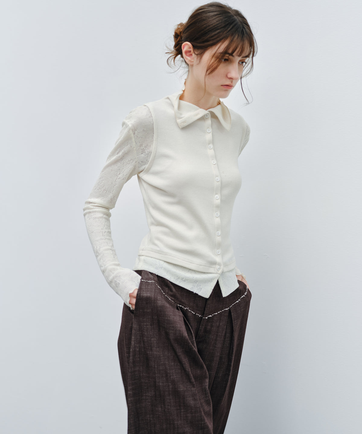 「9月下旬出荷予定」Lace Sleeve Layered Collar Top