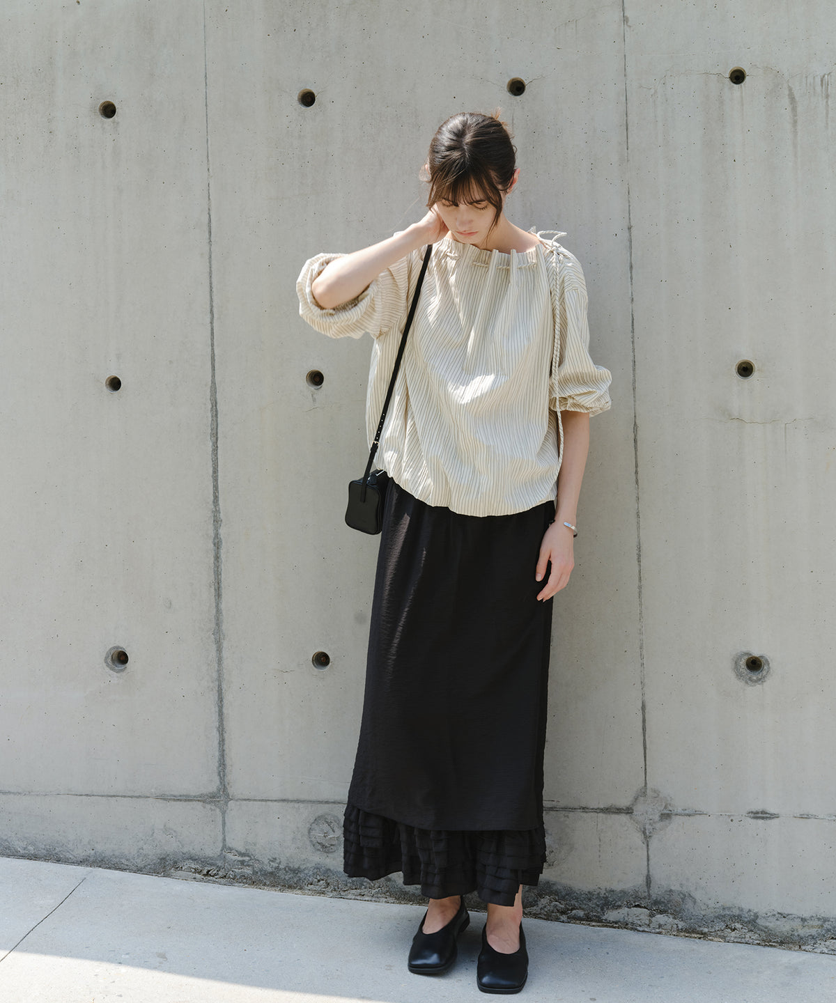 Asymmetric Off-Shoulder Drawstring Stripe Blouse