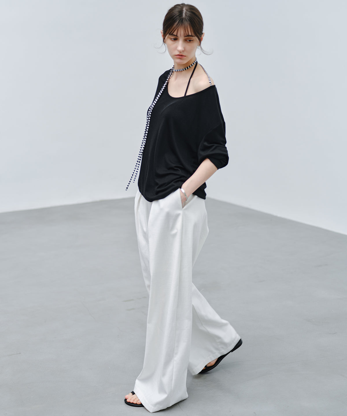 「9月下旬出荷予定」Striped Cord U-Neck Draped Top
