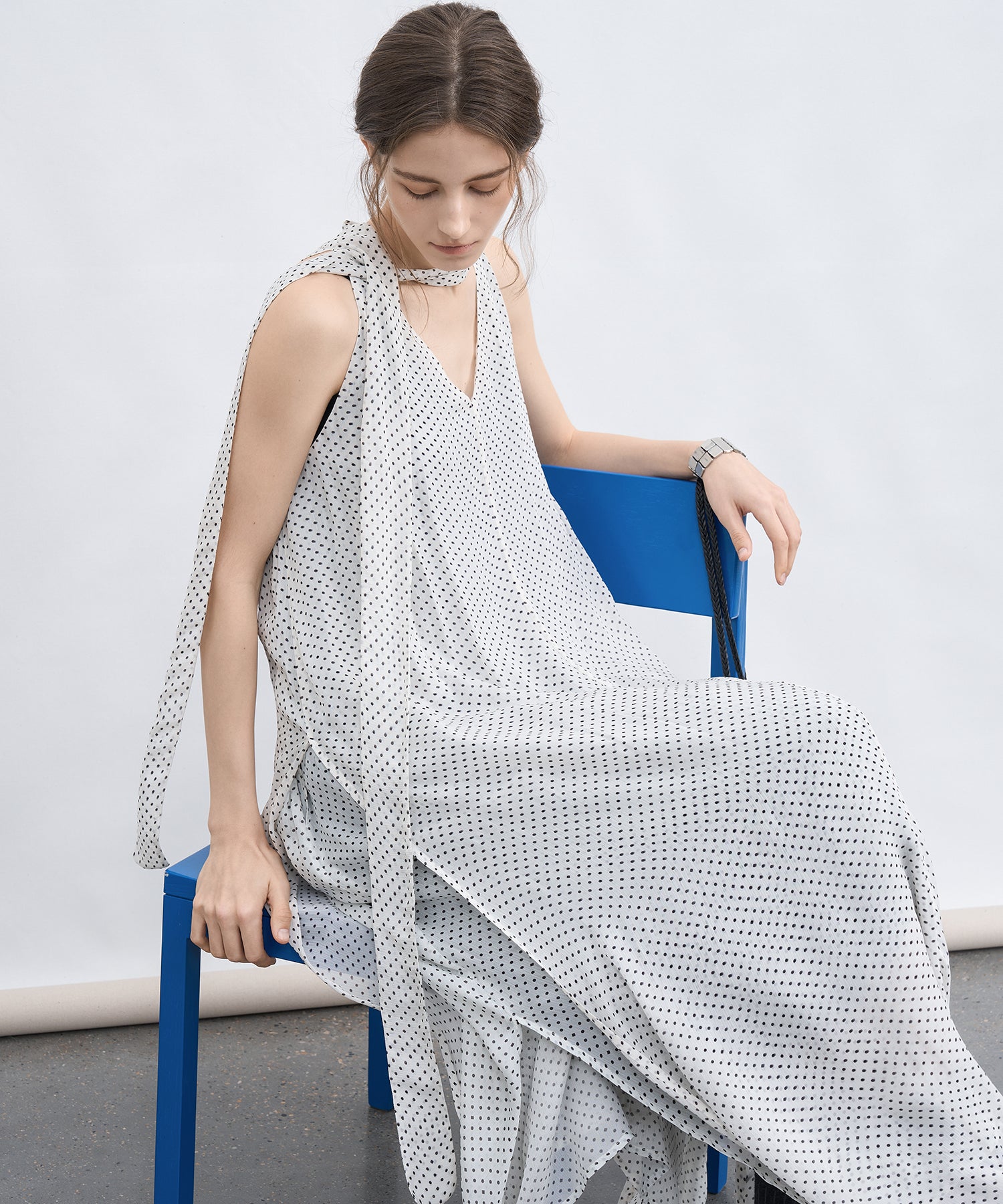 Dot Scarf Detail V-Neck Dress