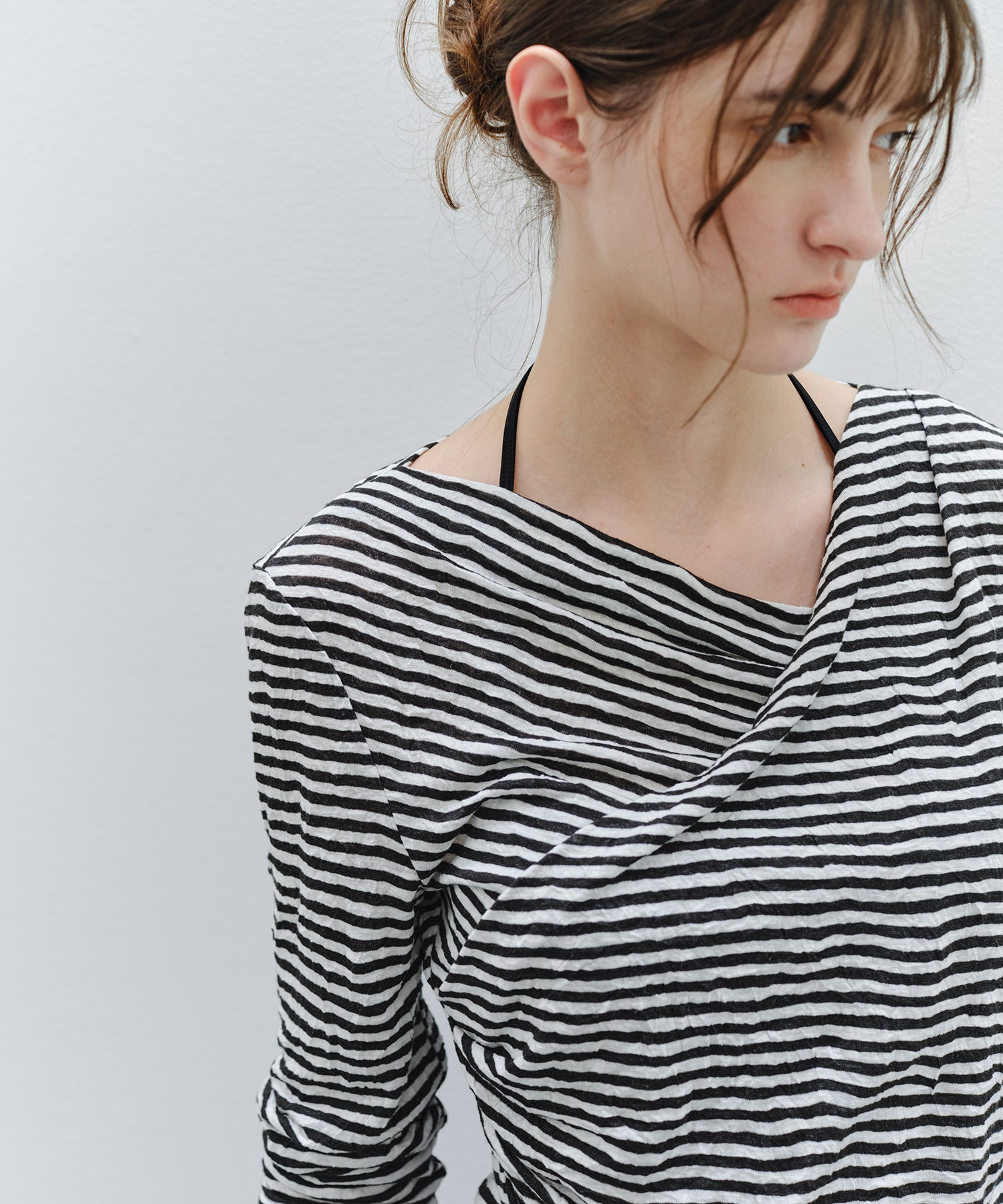「9月下旬出荷予定」Cross Drape Neck Striped Long Sleeve Top