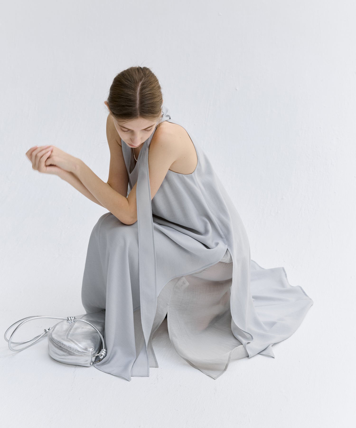 Acetate-Blend V-Neck Ribbon Detail Sleeveless Dress