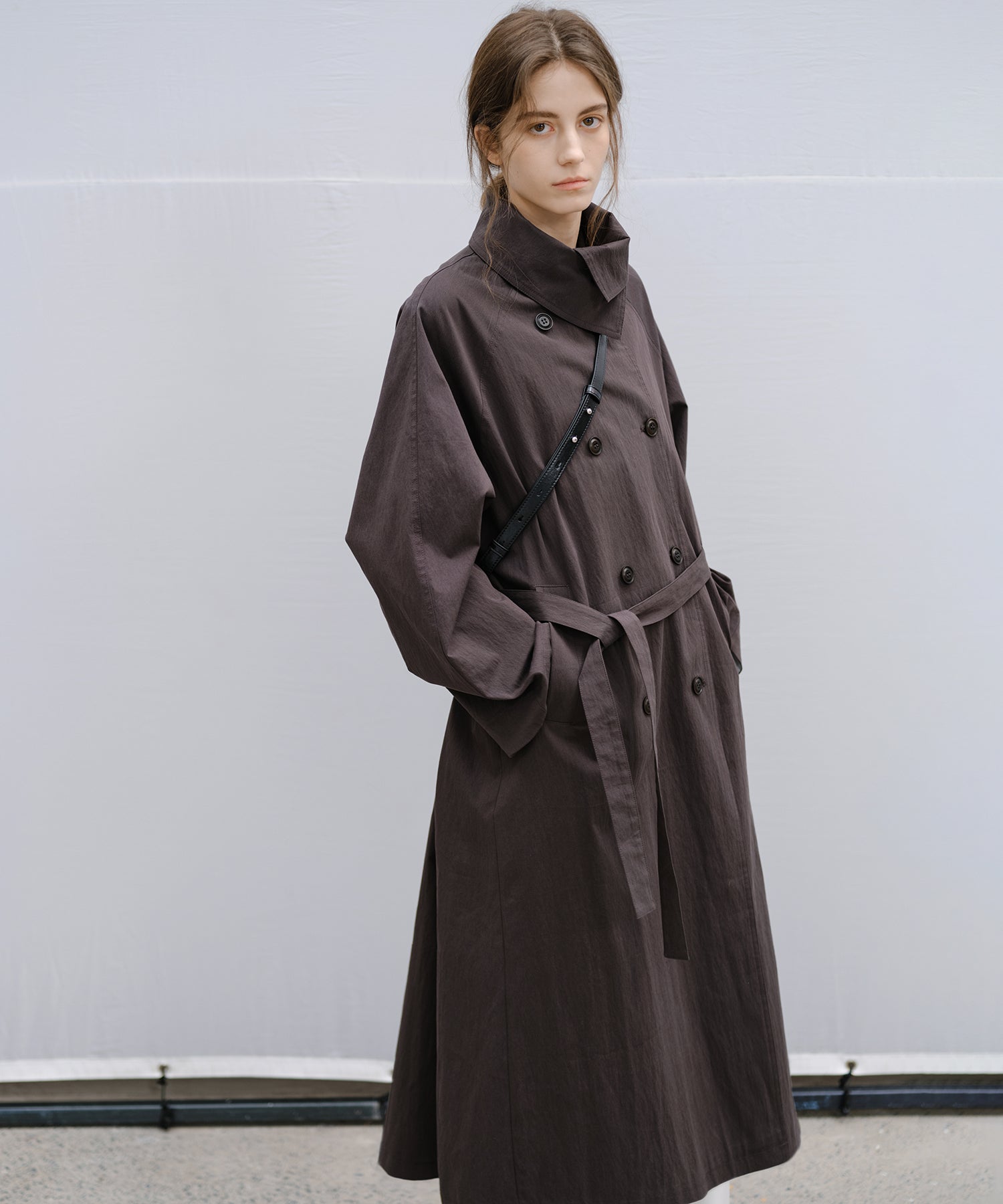 Wrap Collar Belted Long Trench Coat