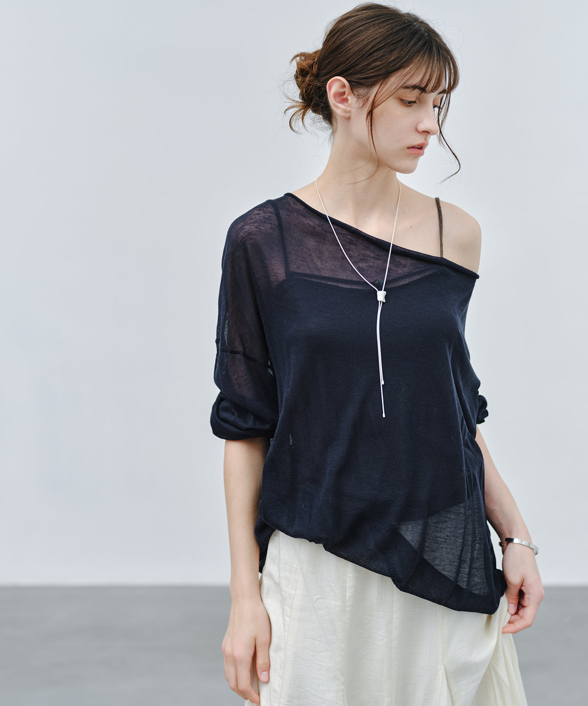 「9月下旬出荷予定」Drape Neck Sheer Loose Knit Top