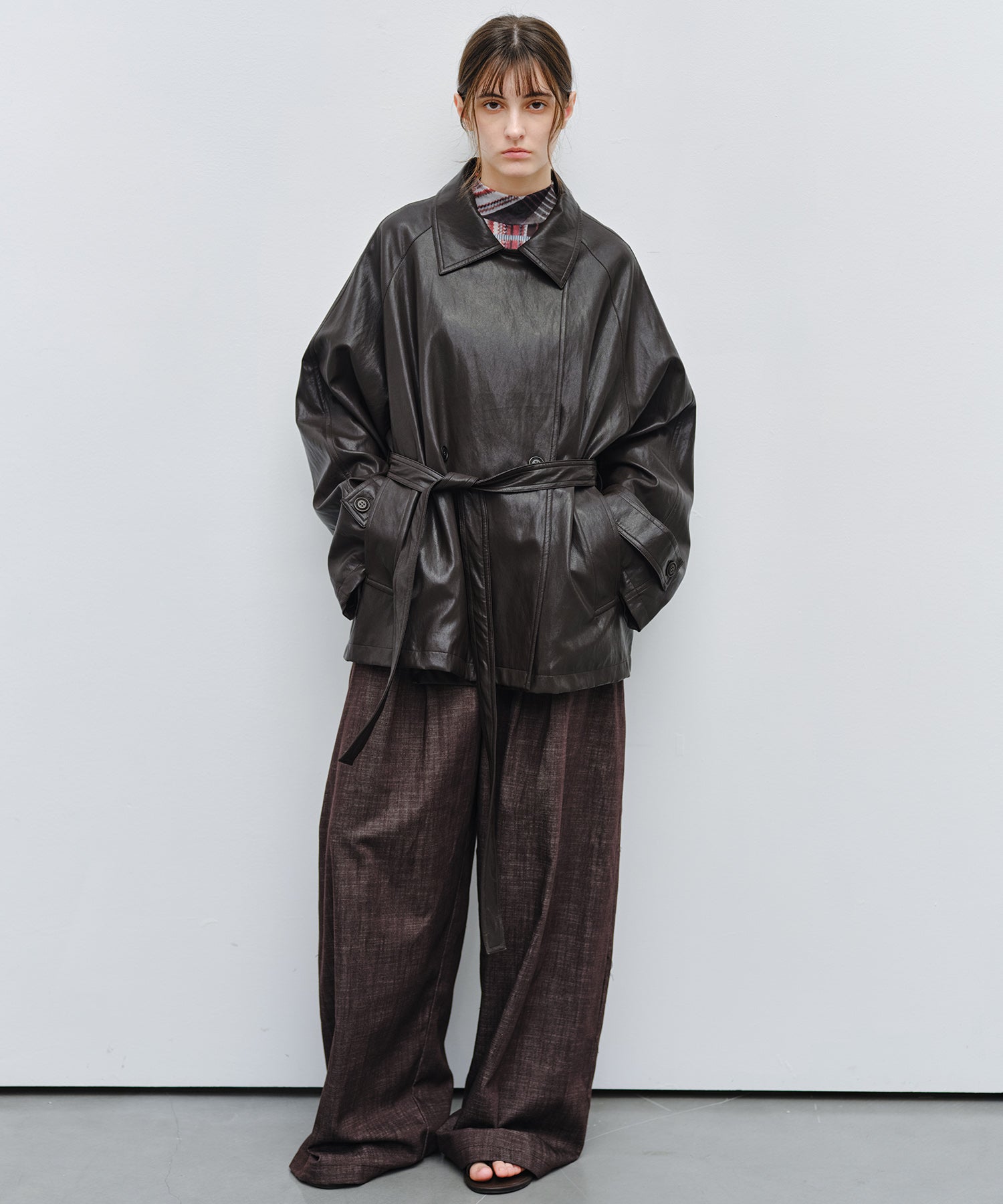 「9月下旬出荷予定」Belted Faux Leather Short Trench Jacket