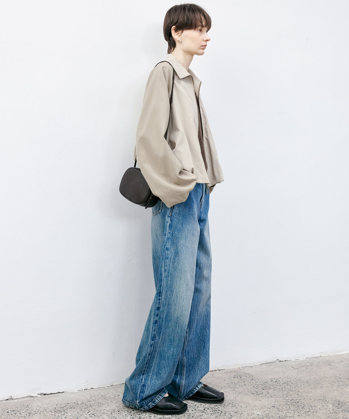 Check Panel Balloon Sleeve Short Blouson