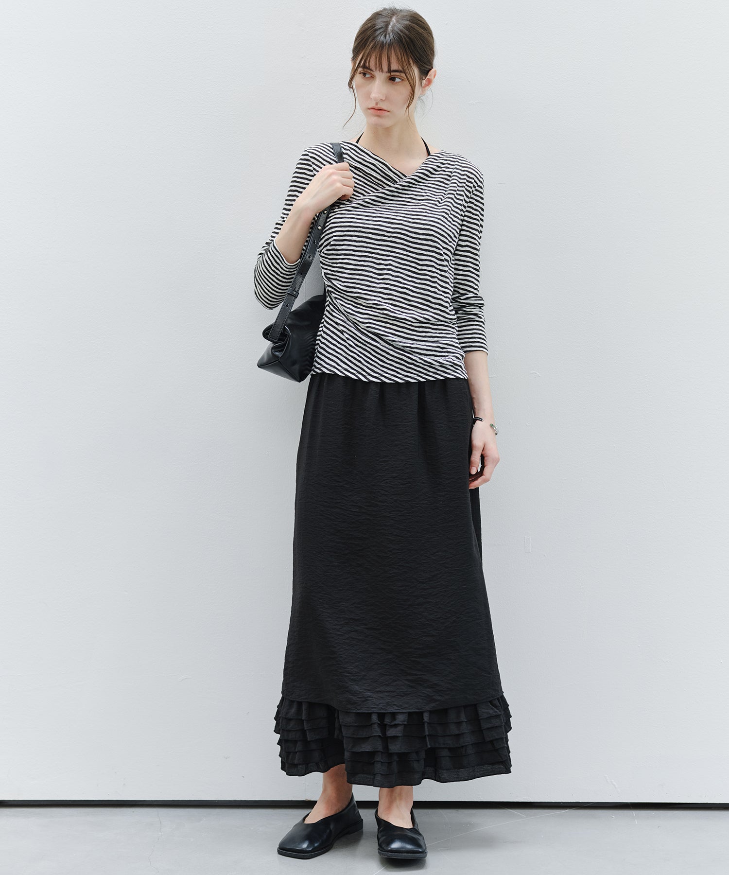 「9月下旬出荷予定」Cross Drape Neck Striped Long Sleeve Top