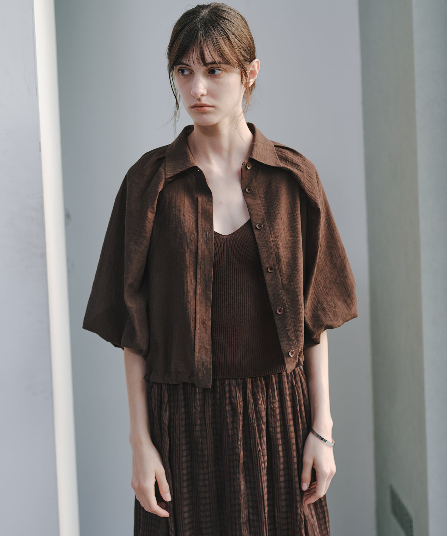 「7月上旬～中旬出荷」Sheer Stripe Balloon Sleeve Cropped Shirt