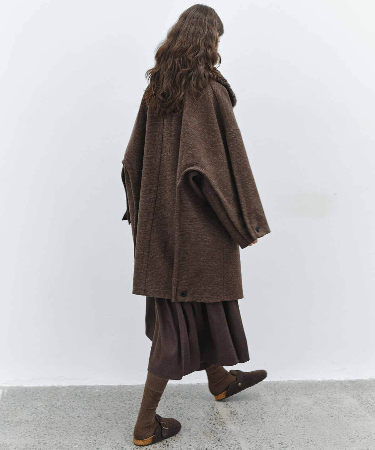 「10月下旬出荷予定」Faux Fur Collar Melange Wool-Like Middle Coat