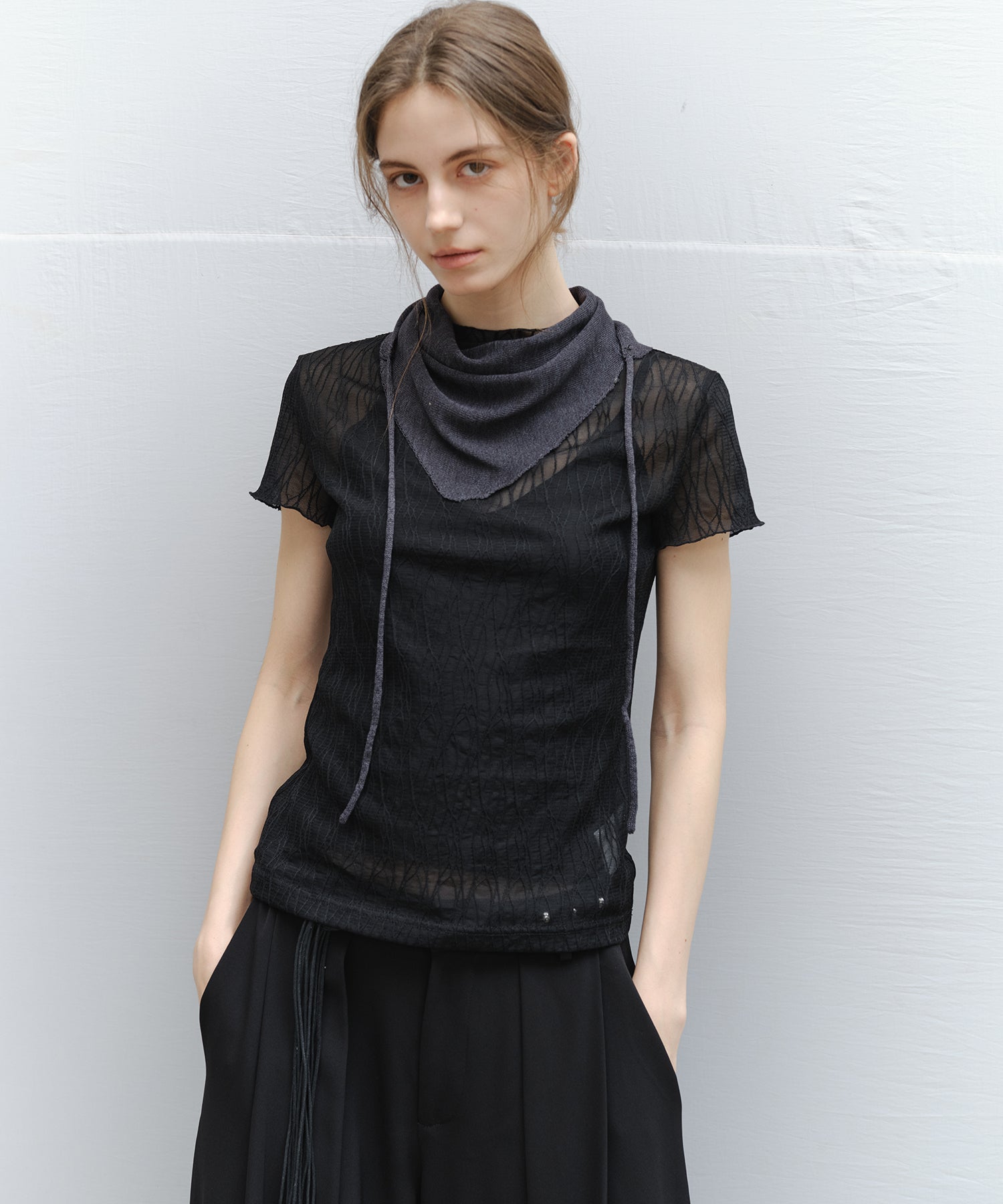 "Ships early March" Sheer Slub Yarn Crewneck Cardigan Set (with Scarf)