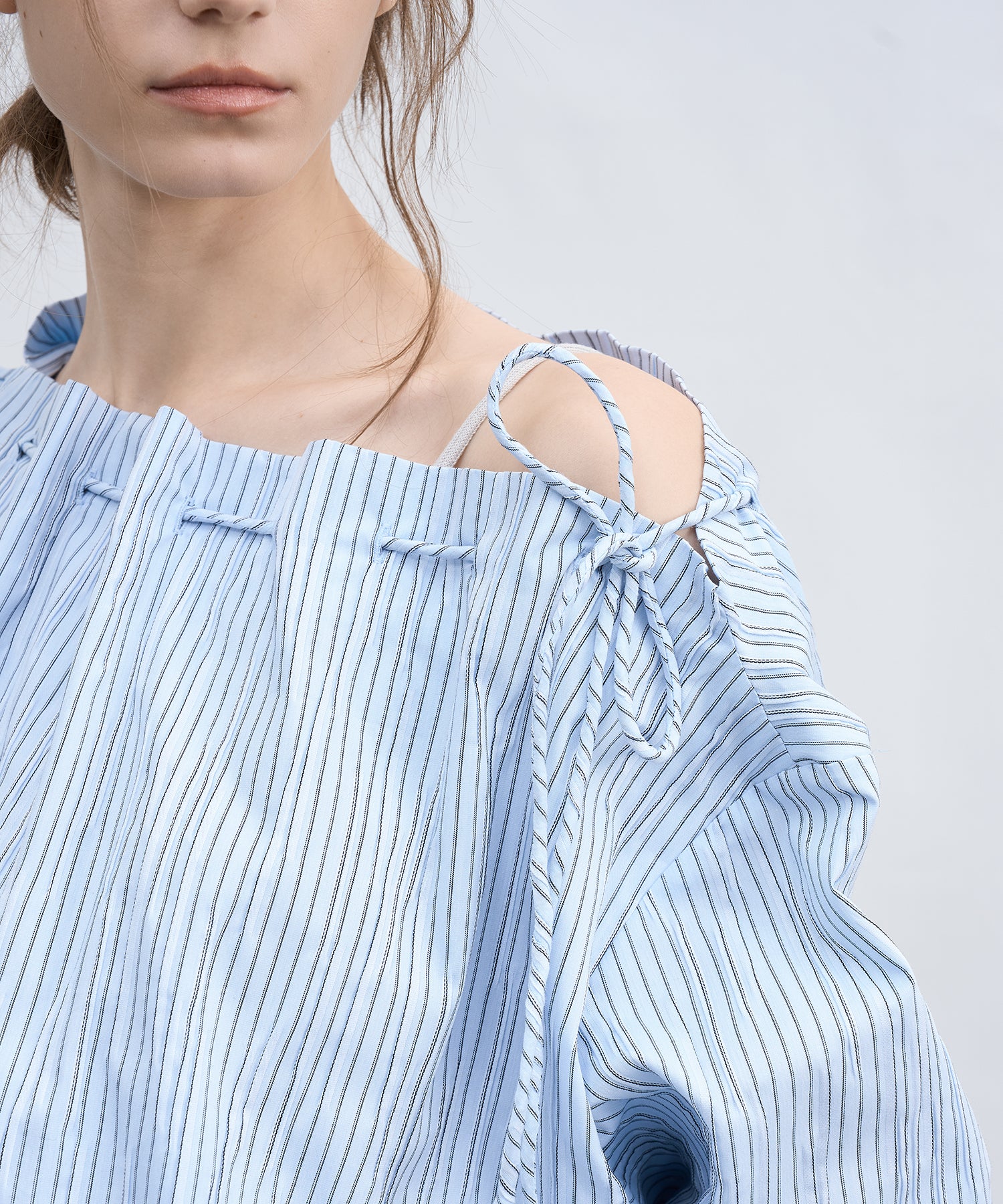 Asymmetric Off-Shoulder Drawstring Stripe Blouse