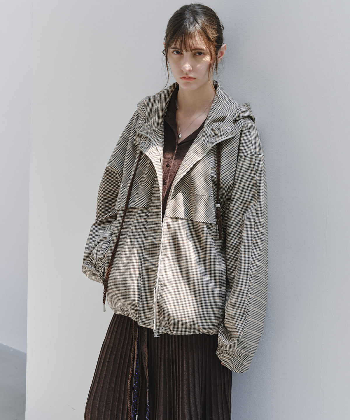 「10月下旬出荷予定」Checked Drawstring Hooded Short Jacket