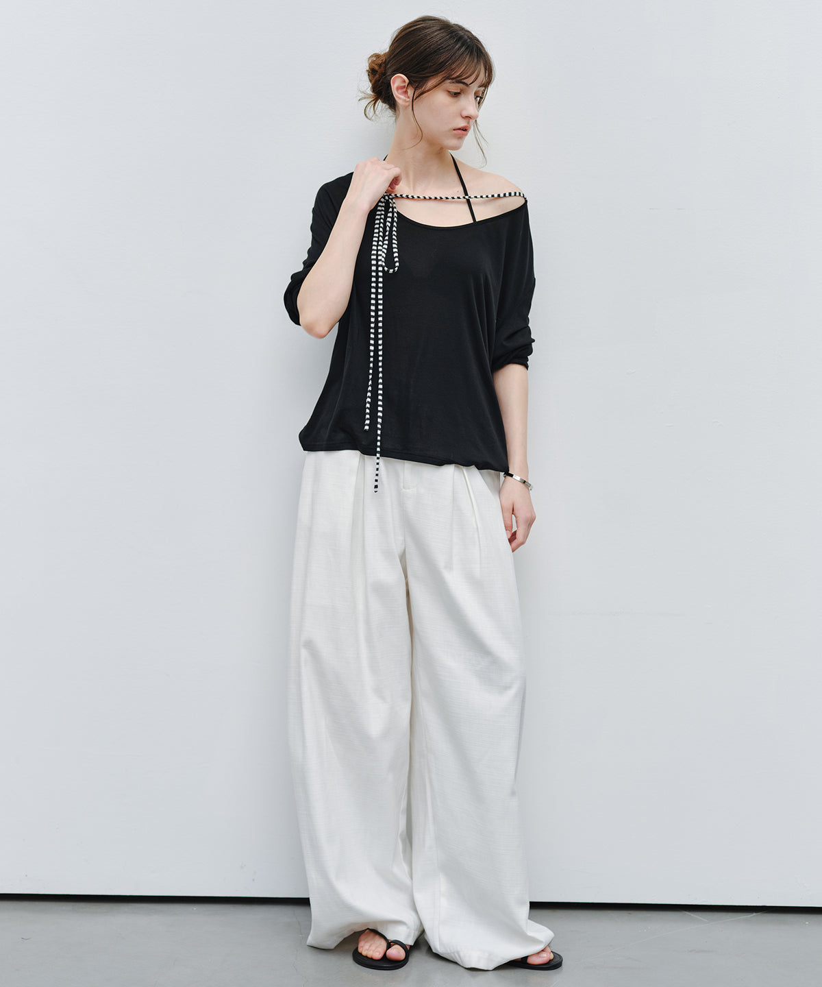 「9月下旬出荷予定」Striped Cord U-Neck Draped Top