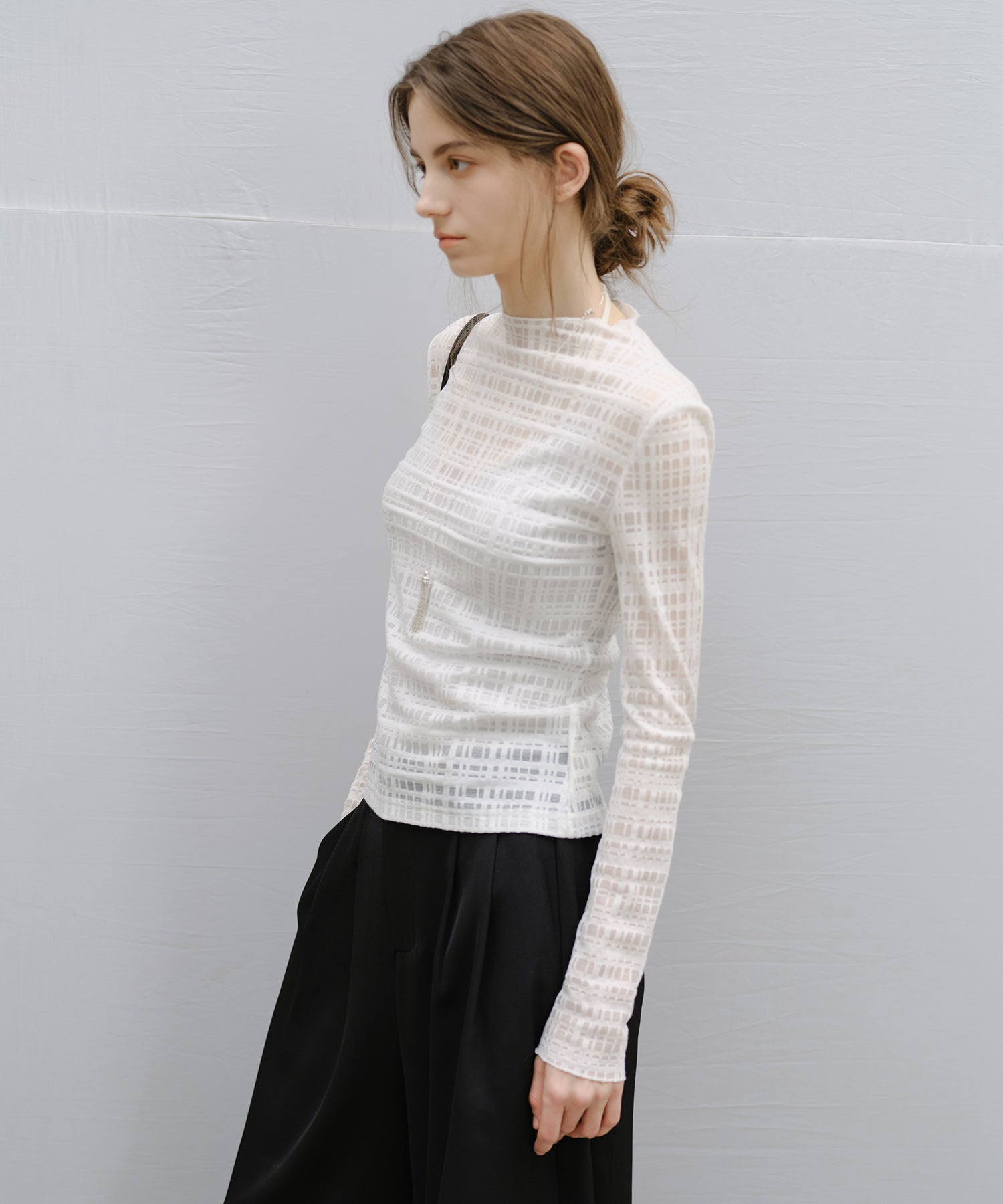 "Shipping from early to mid-March" Check Pattern Sheer Mesh Long Sleeve Top