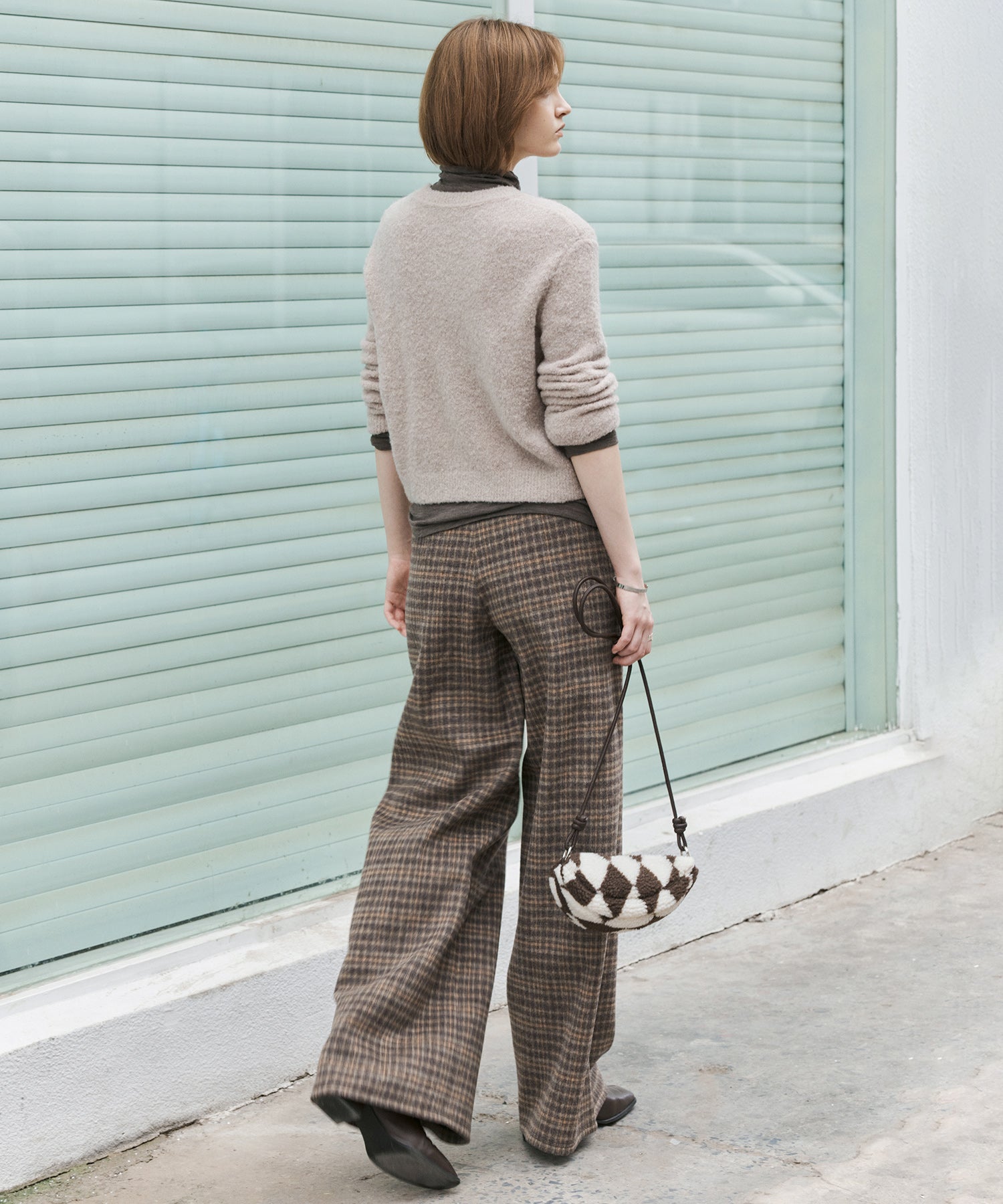 Wool Blend Yarn-Dyed Vintage Check Brushed Wide-Leg Pants