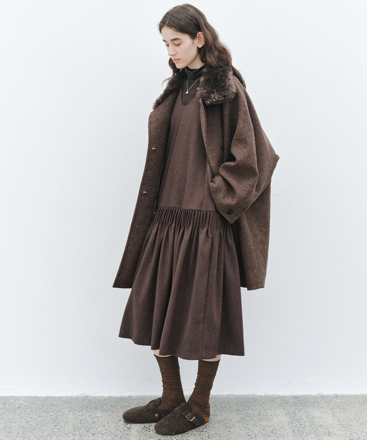 「10月下旬出荷予定」Faux Fur Collar Melange Wool-Like Middle Coat