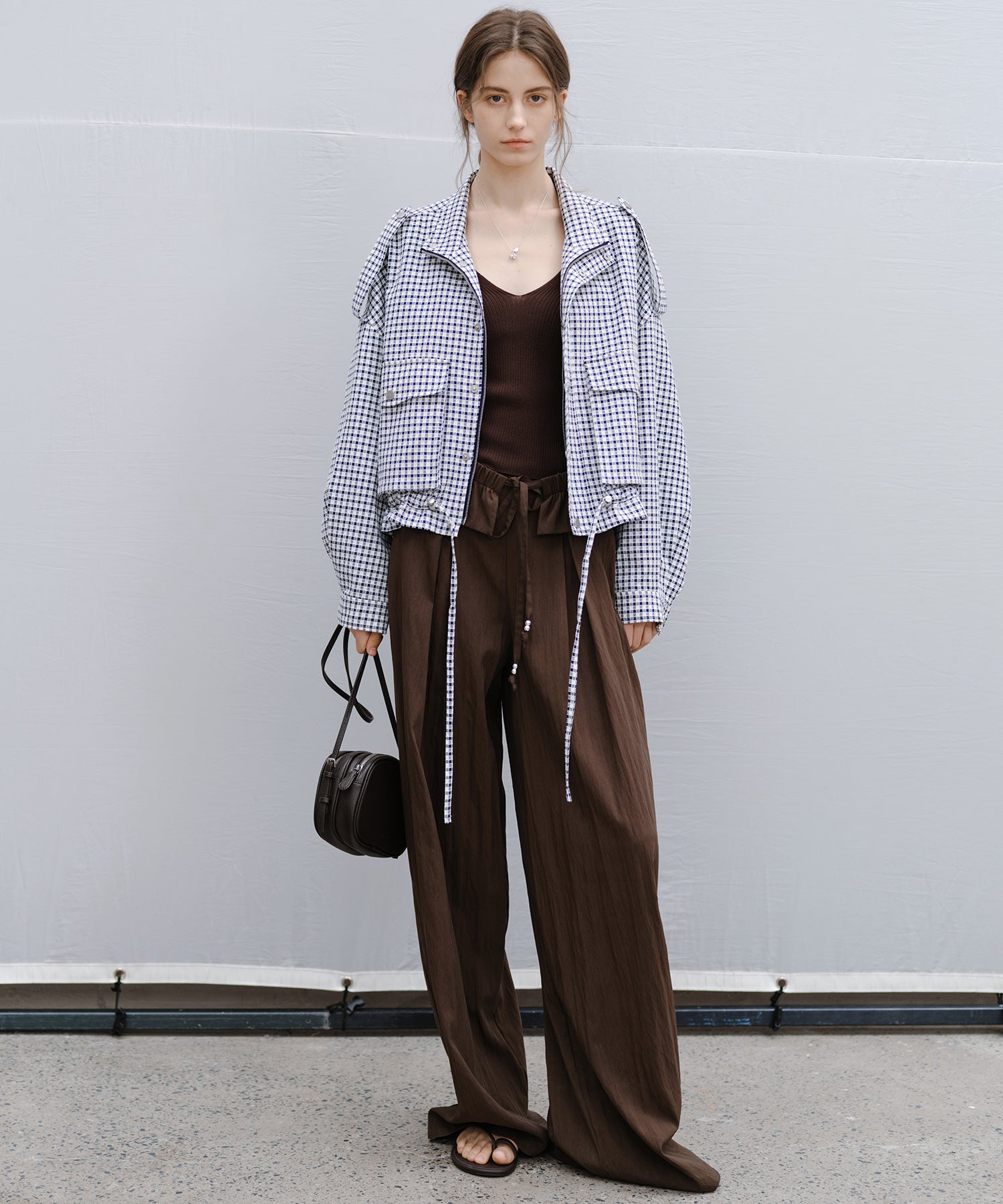 "Shipping late February to early March" Stand Collar Check Drawstring Jacket