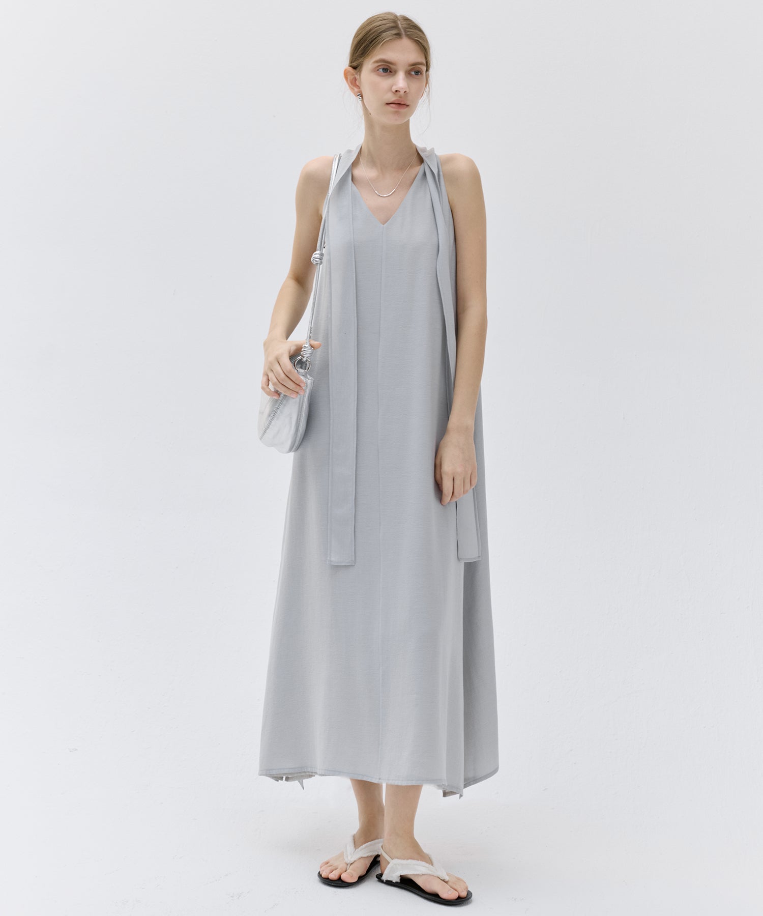 Acetate-Blend V-Neck Ribbon Detail Sleeveless Dress