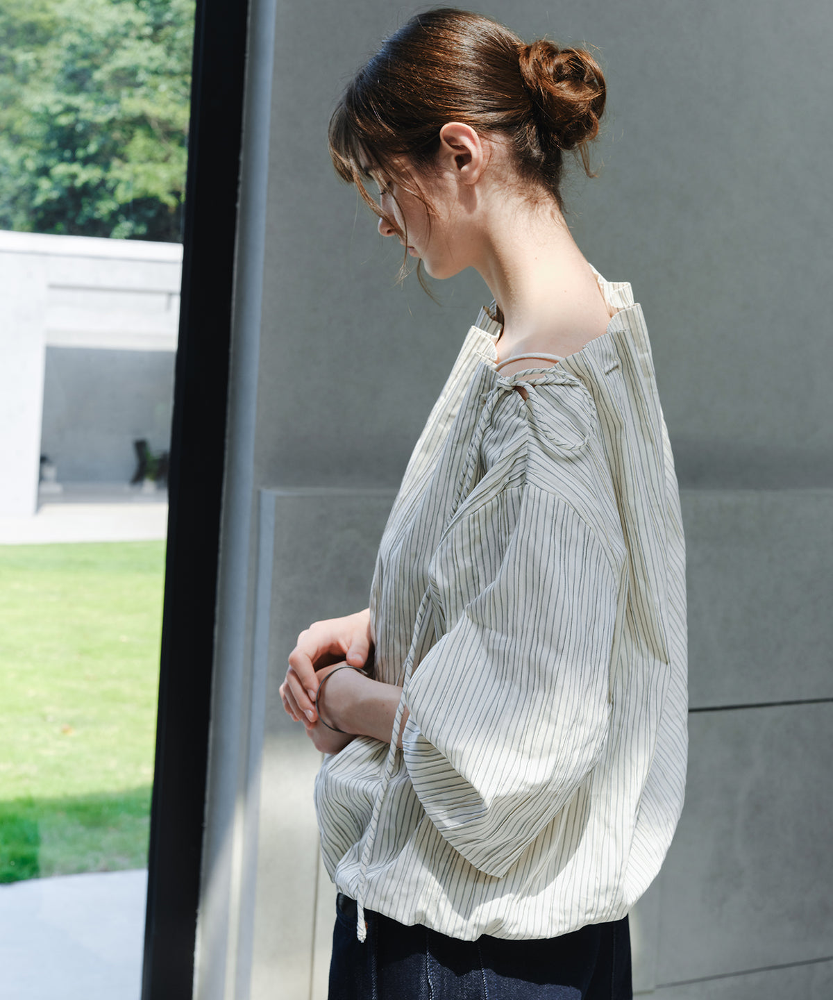 Asymmetric Off-Shoulder Drawstring Stripe Blouse
