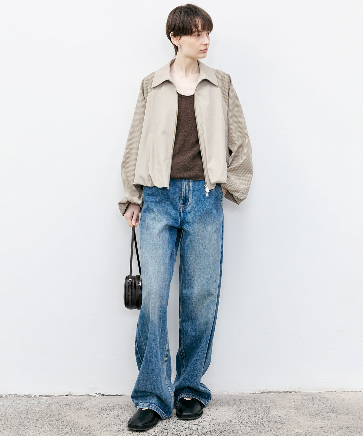 Check Panel Balloon Sleeve Short Blouson