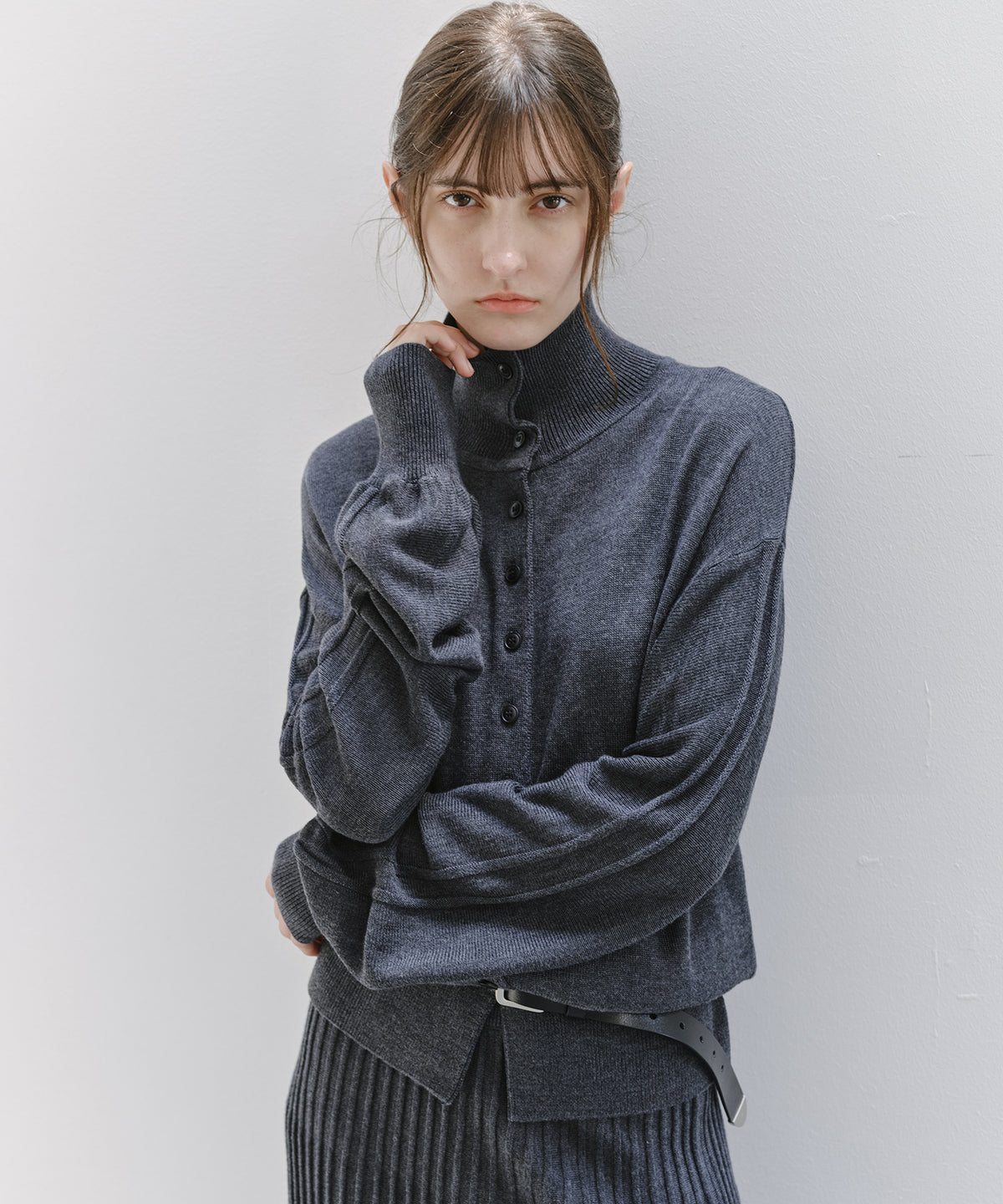 「10月下旬出荷予定」Wool Silk High Neck Button Knit Cardigan