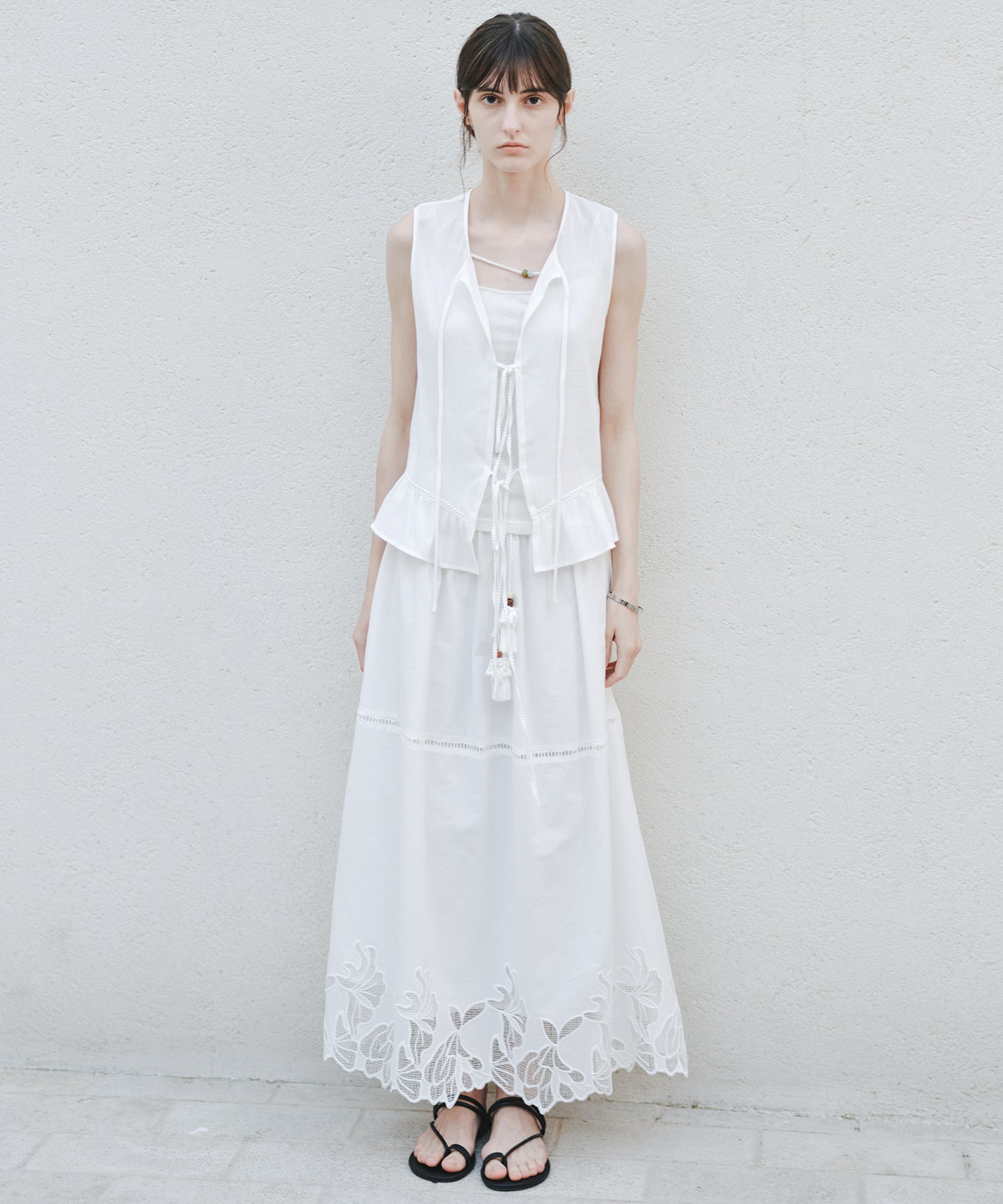 「8月中旬～下旬出荷」Cutwork Embroidery Drawstring Long Skirt