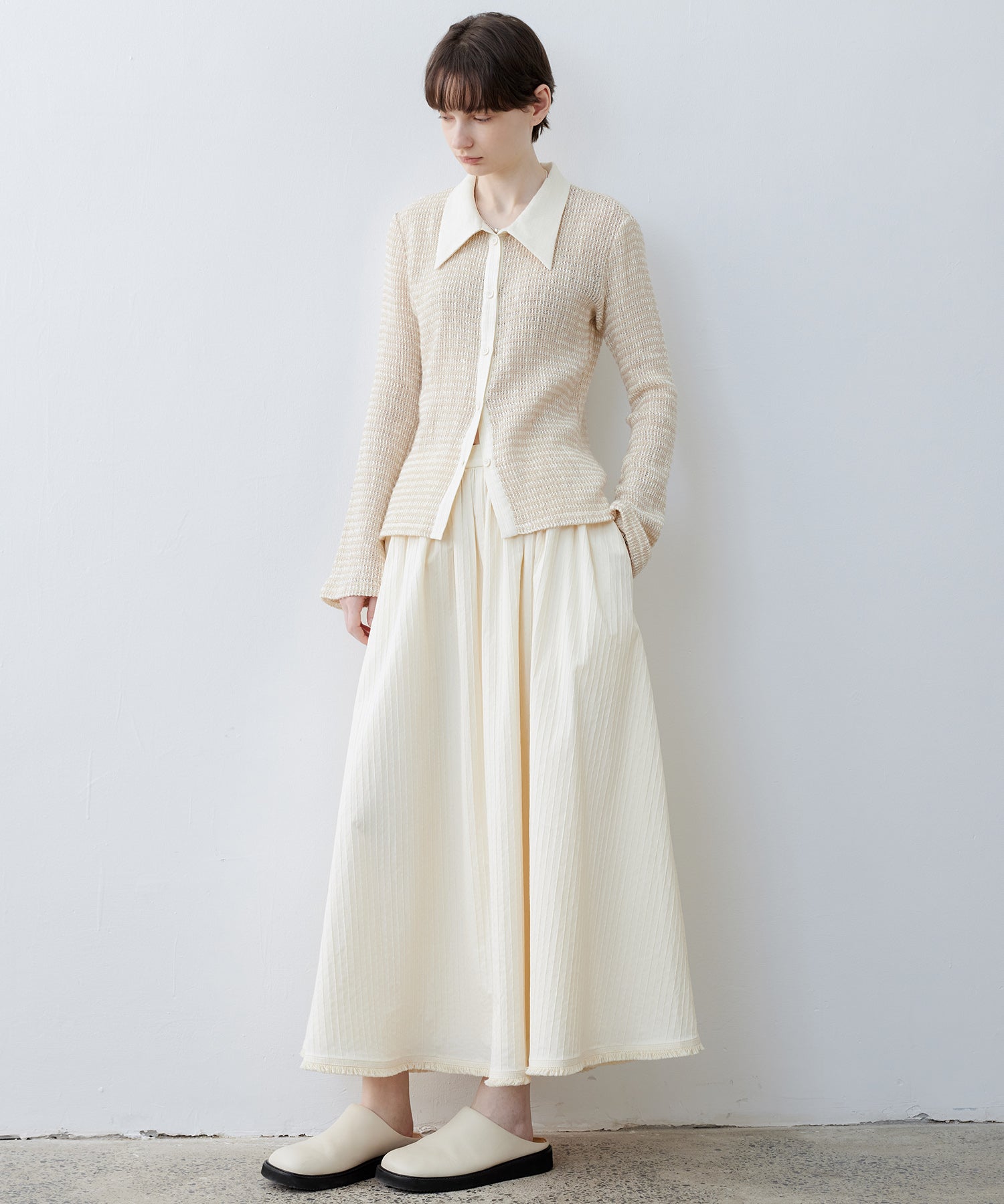 Two-Tone Openwork Knit Shirt Blouse