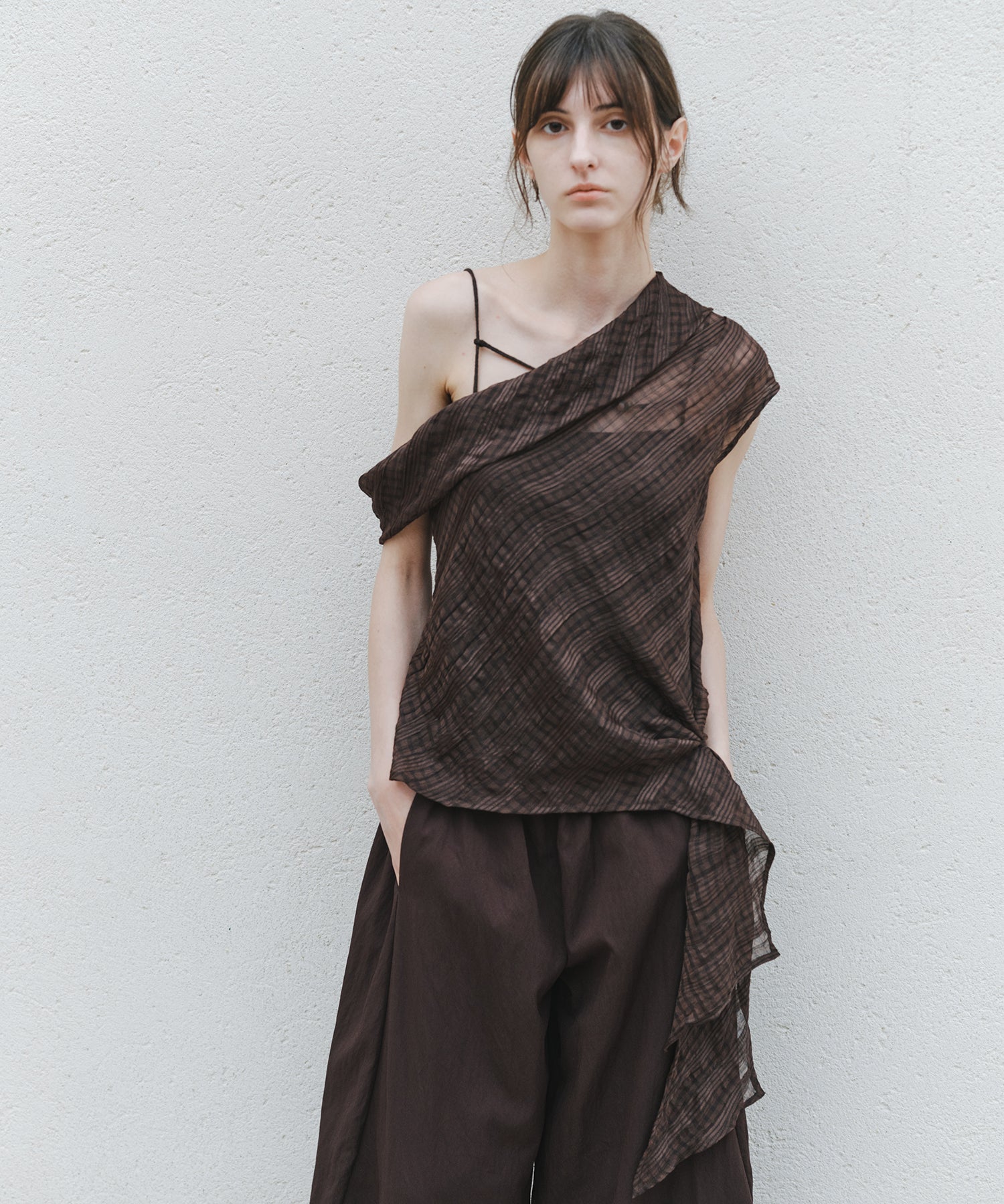 Sheer Check One-Shoulder Top