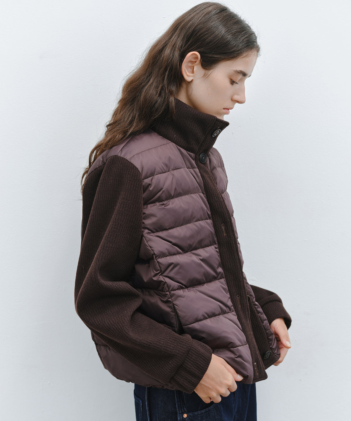 「10月下旬出荷予定」Knit Sleeve Panelled Lightweight Short Down Jacket