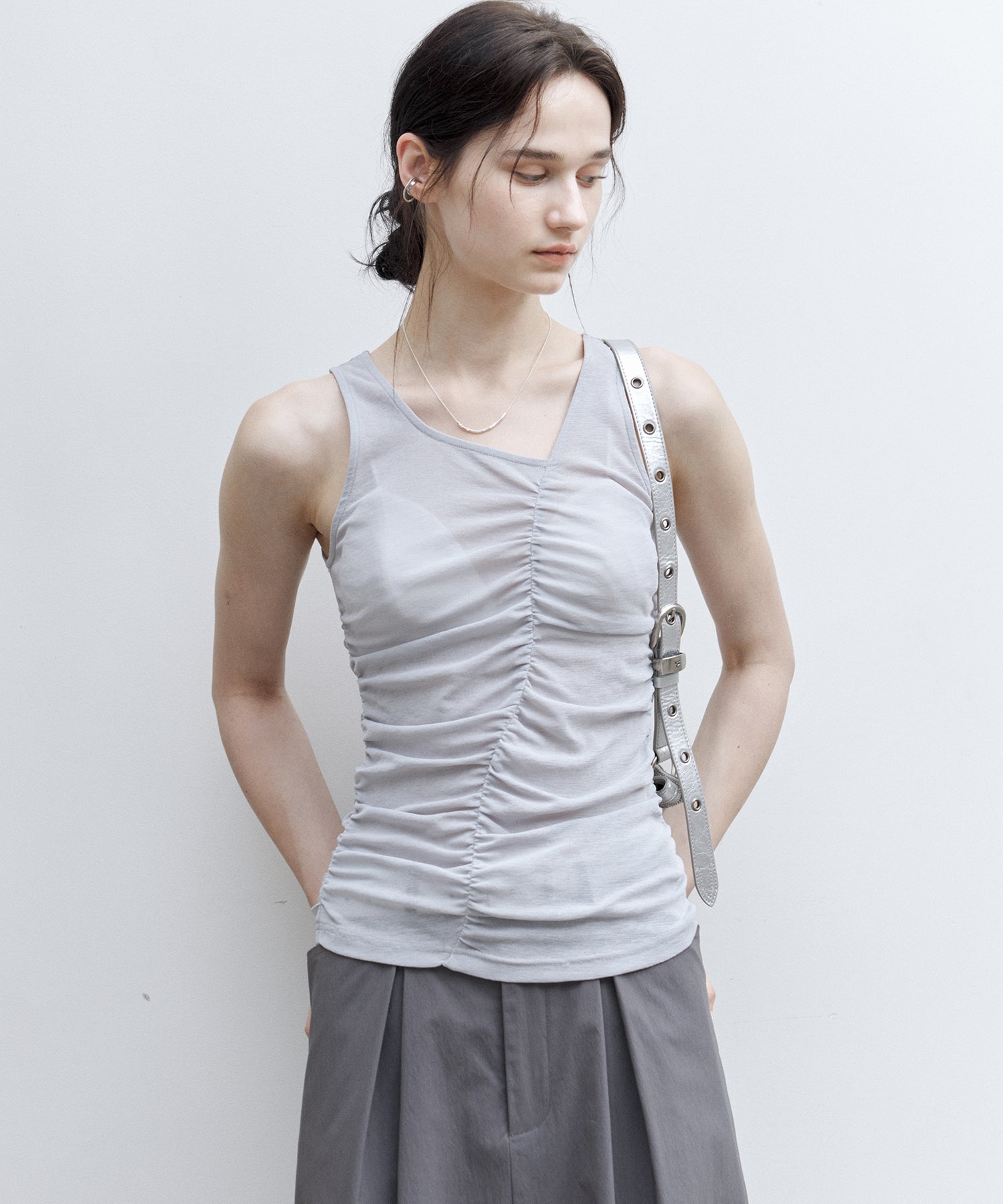 Asymmetric Gather Sheer Sleeveless Top
