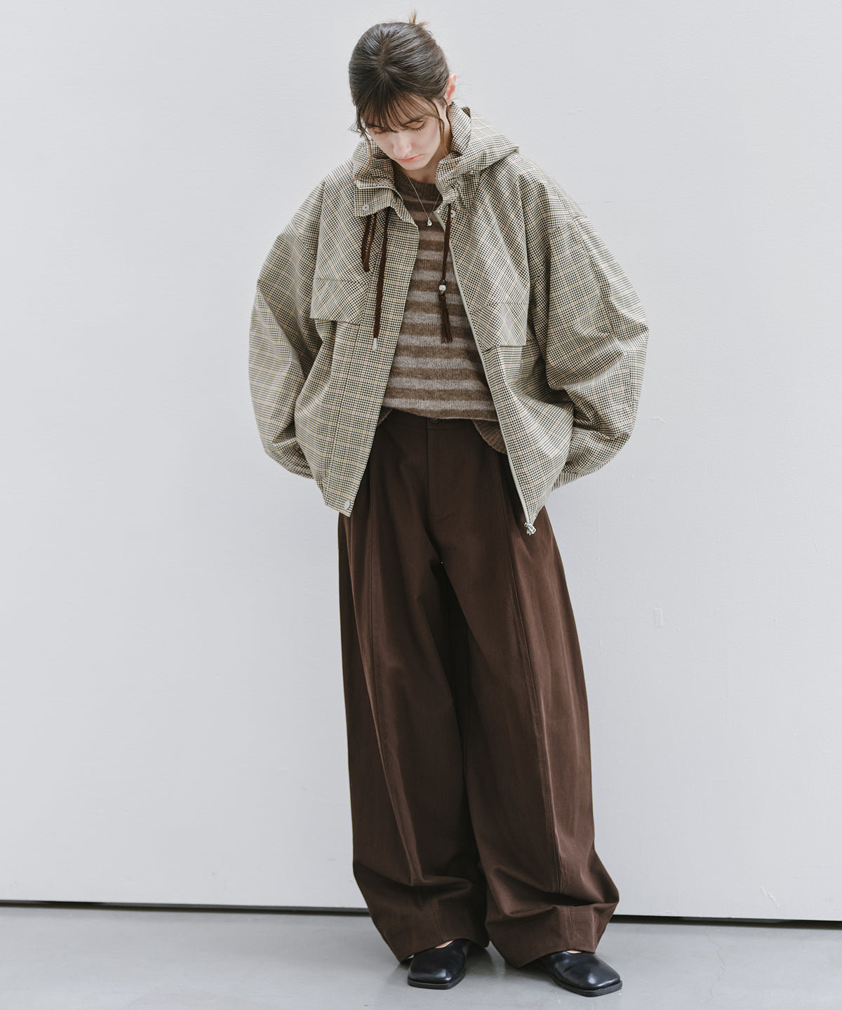「10月下旬出荷予定」Checked Drawstring Hooded Short Jacket
