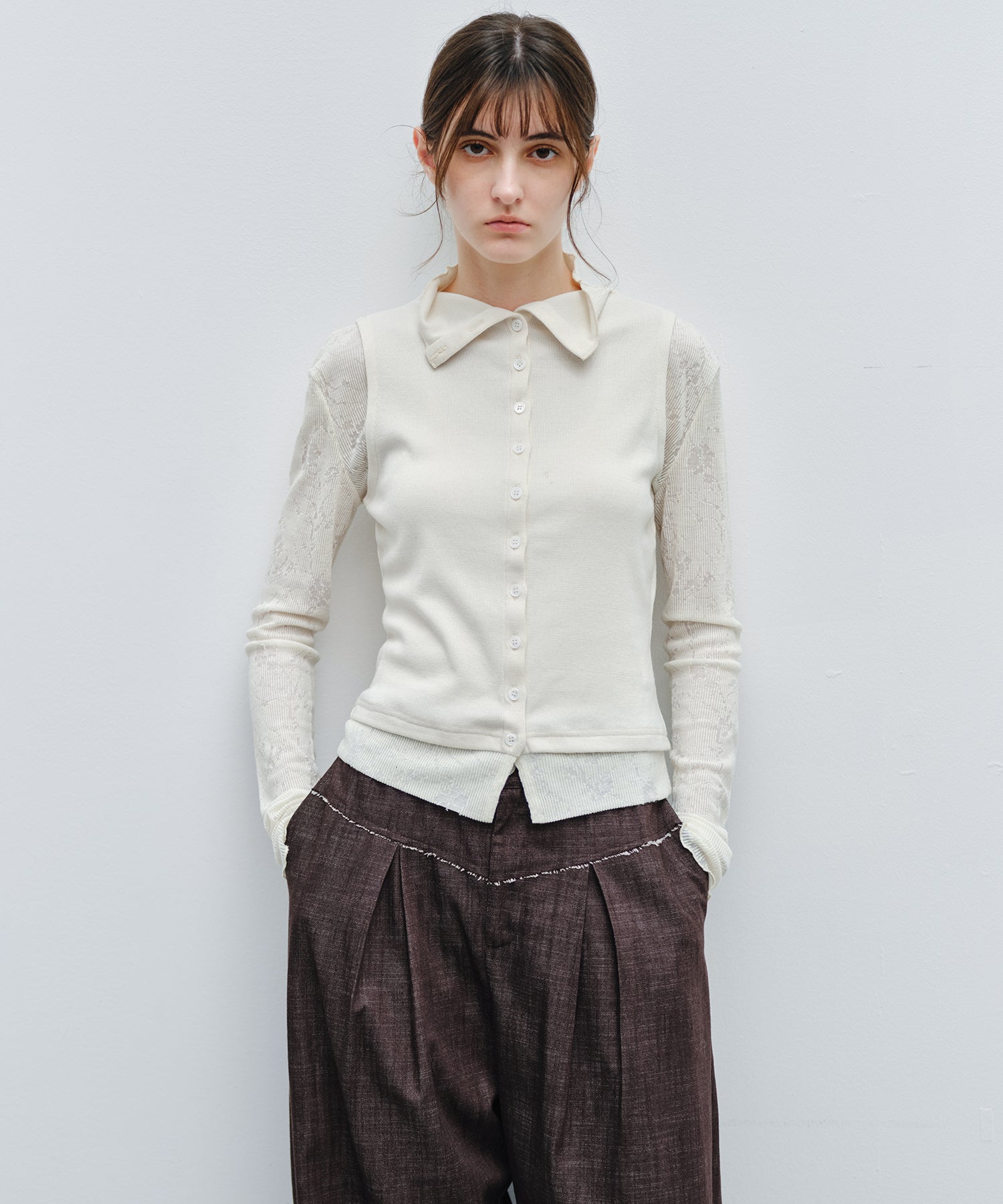 「9月下旬出荷予定」Lace Sleeve Layered Collar Top