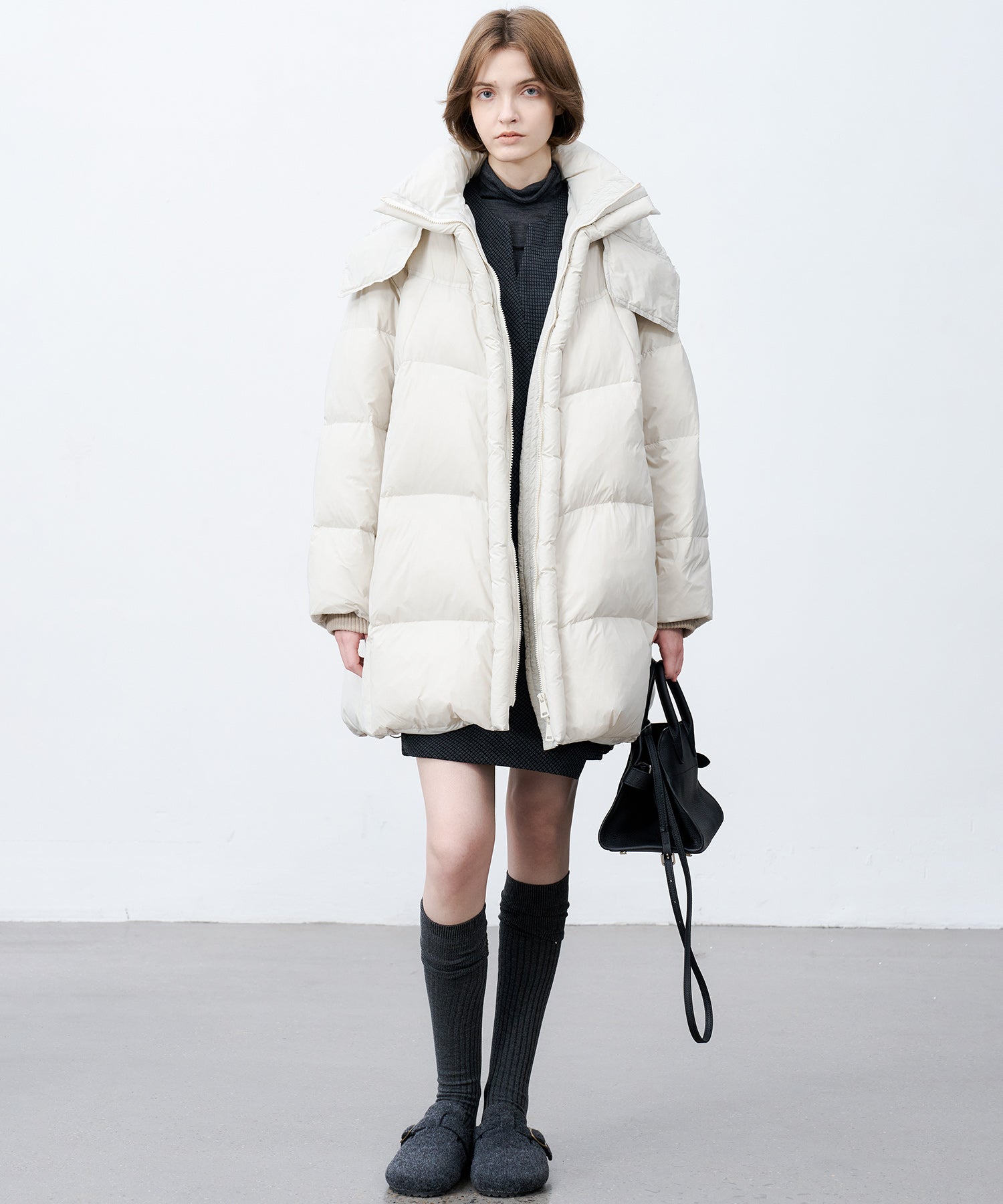 Mid-Length Stand Collar Hooded Oversize Down Coat