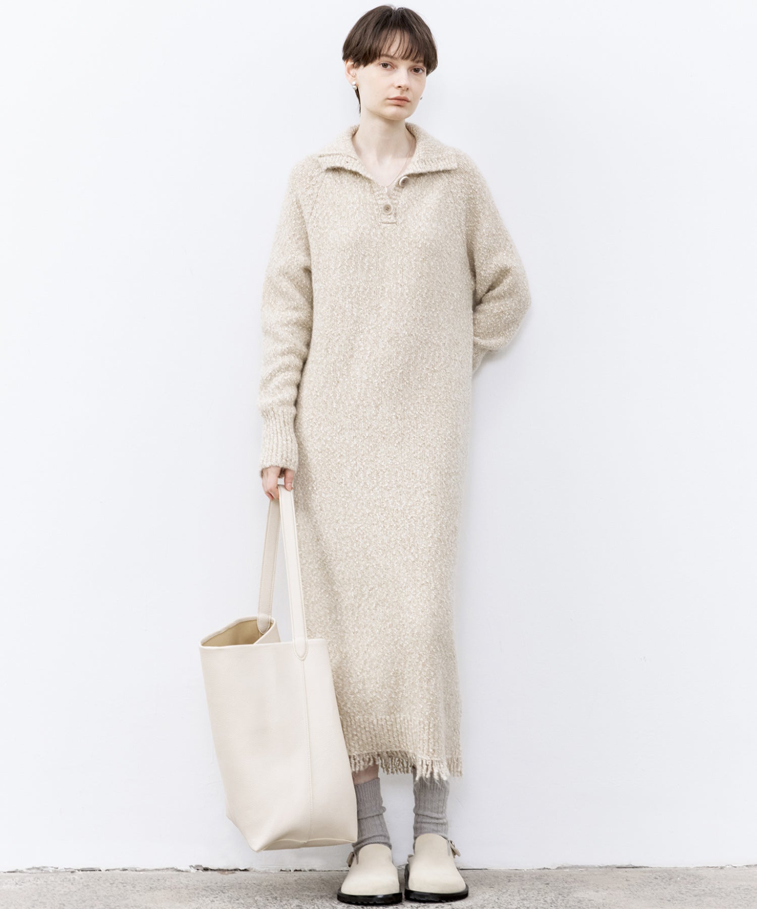 Tweed Like Knit Shirt Dress with Fringe Details