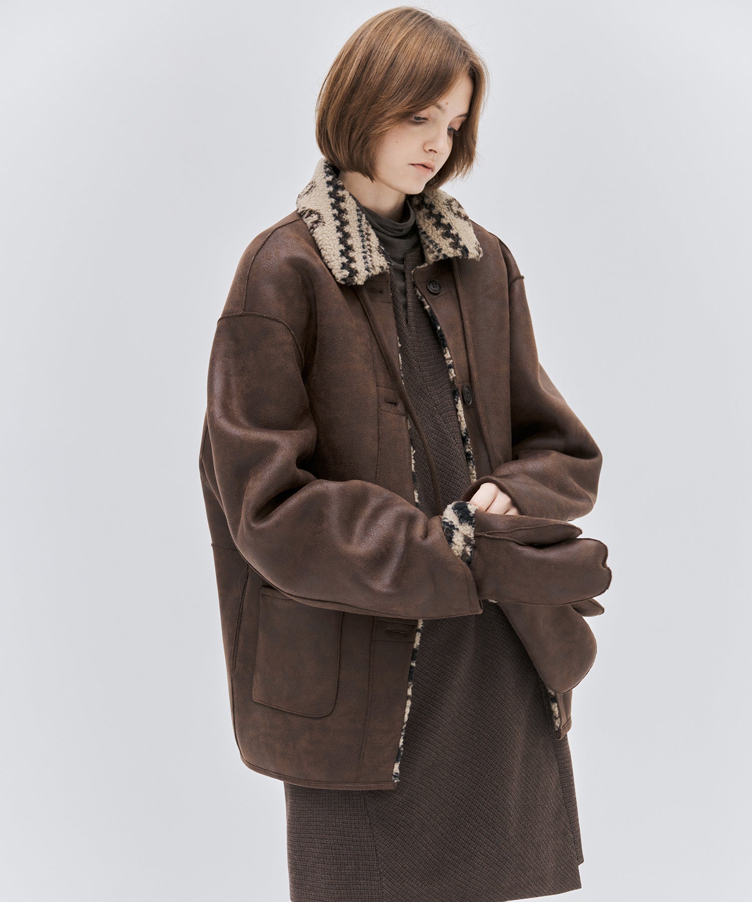 Fair Isle Faux Shearling Jacket with Gloves