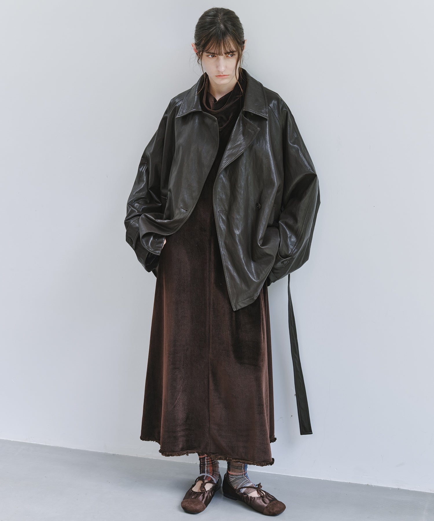 「9月下旬出荷予定」Belted Faux Leather Short Trench Jacket
