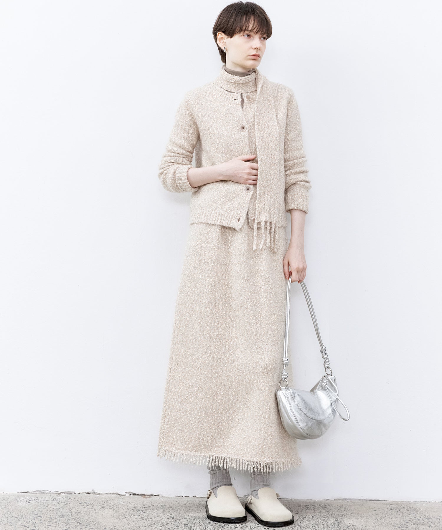 Fringe Accent Textured Knit Skirt – Tweed-Like A-Line