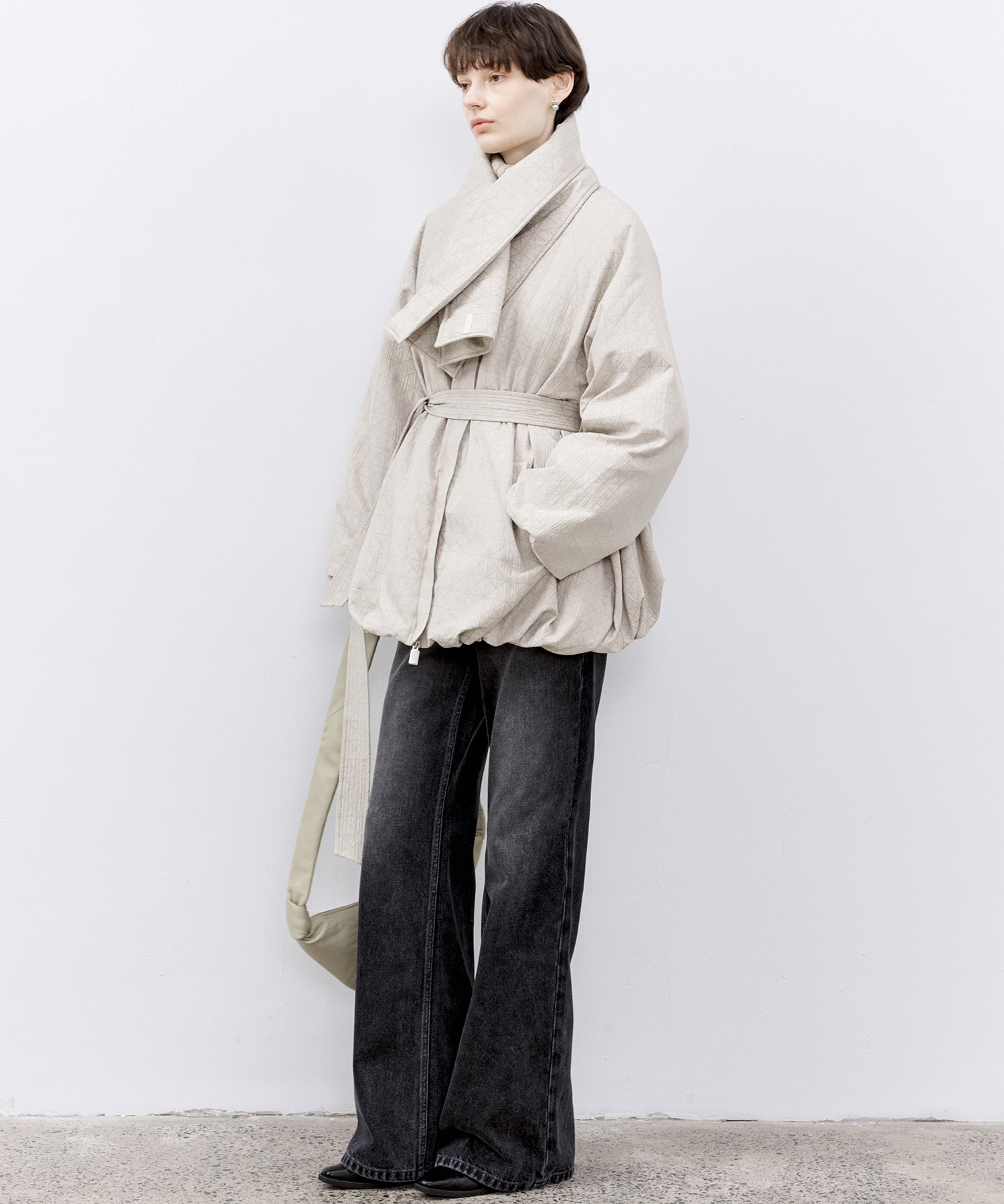 Diamond Jacquard Quilted Down Coat – Belt &amp; Scarf Set