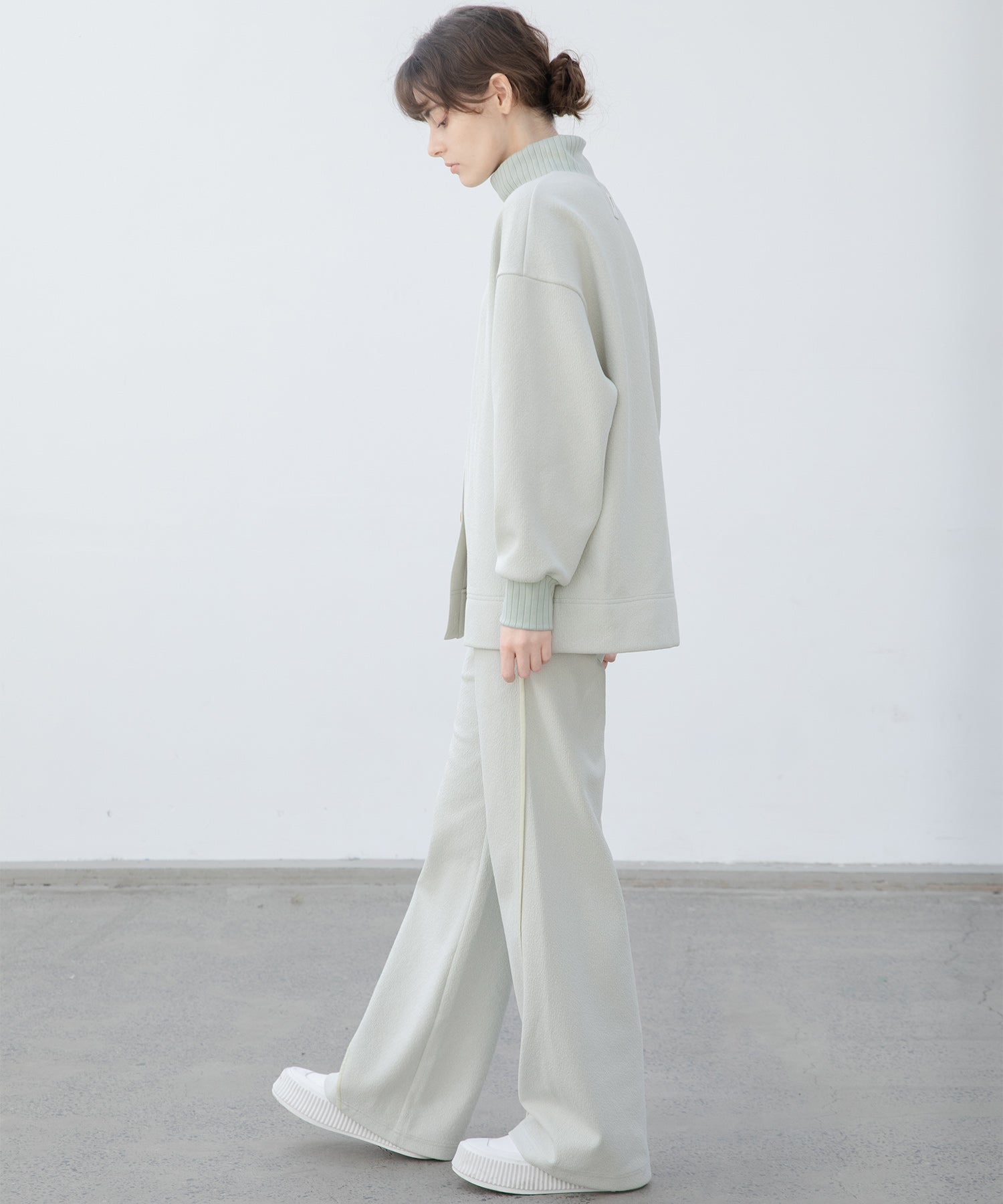 Front slit high neck cut jacquard top 