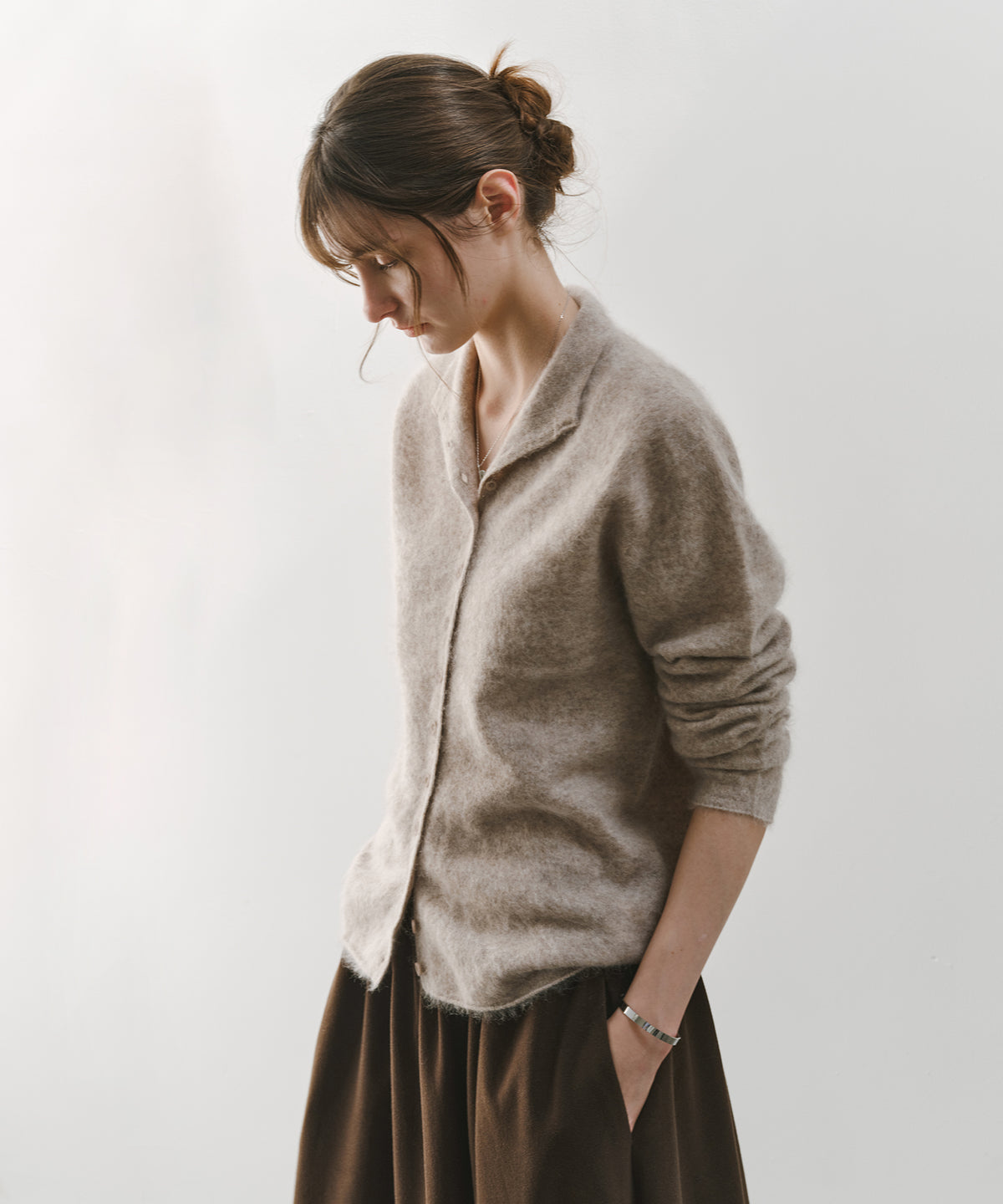 Brushed Cashmere-Blend High Neck Knit Cardigan