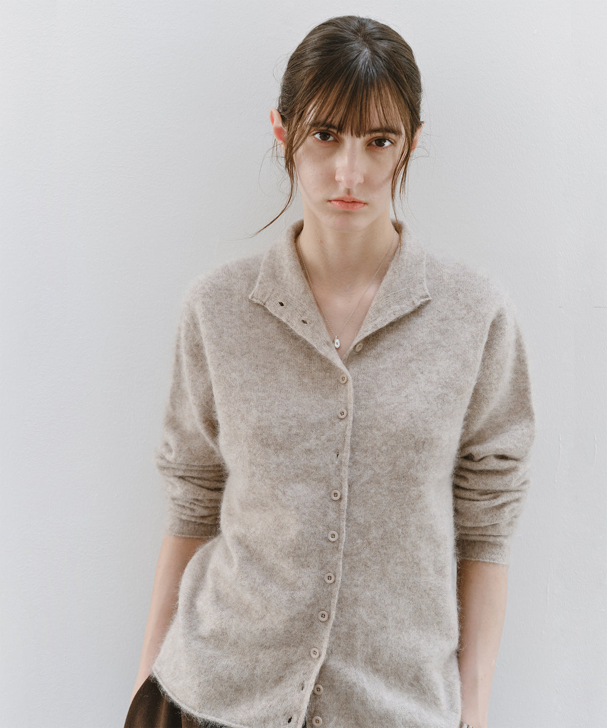 Brushed Cashmere-Blend High Neck Knit Cardigan