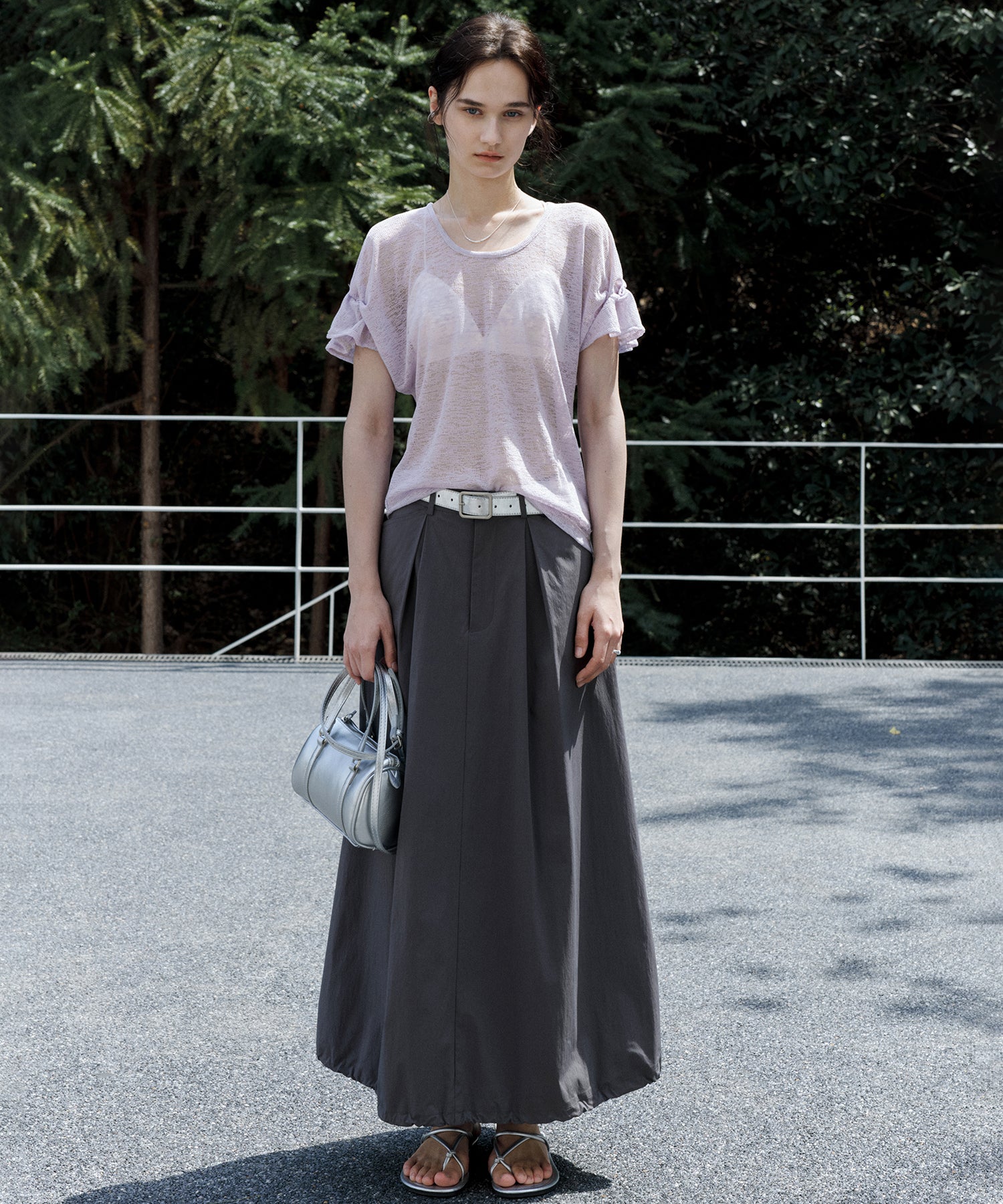 U-Neck Sheer T-Shirt with Design Cuff Detail